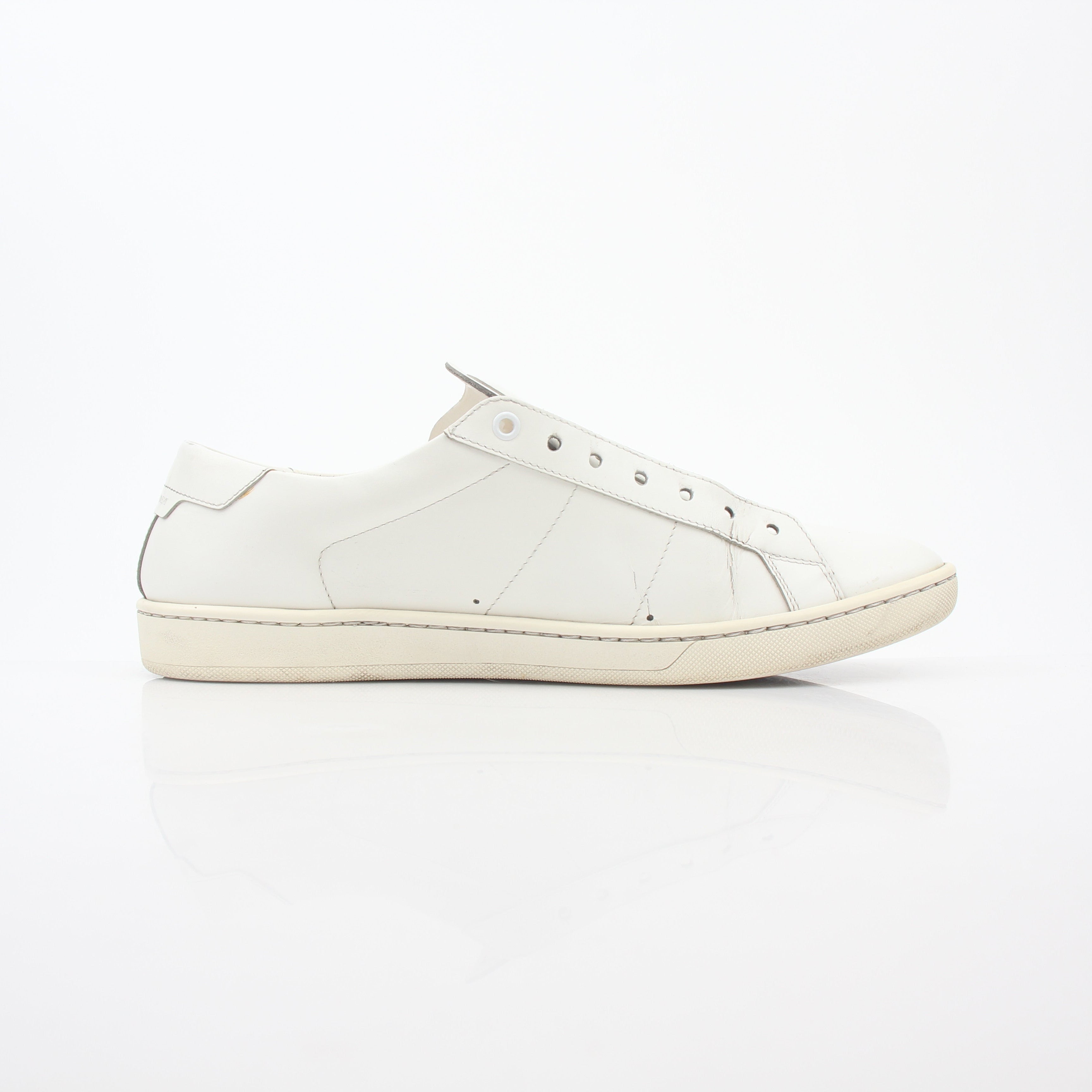 Gold & Beyond Saint Laurent White SL/06 Court Classic Sneakers, stylish shoes with white leather and minimal design.