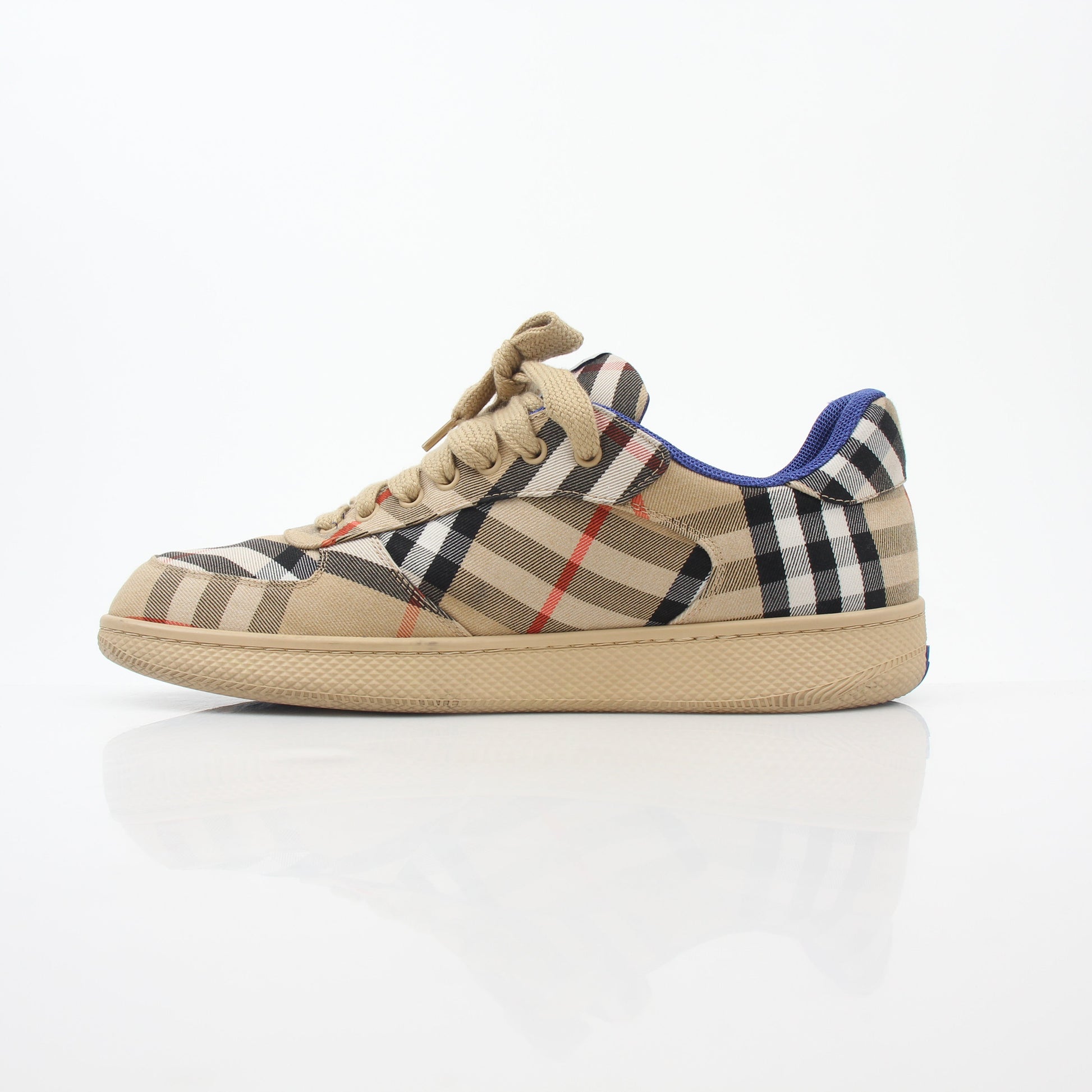 Gold & Beyond Burberry Vintage Check Terrace Low-Top Sneakers showing beige canvas with iconic check pattern and white rubber soles.