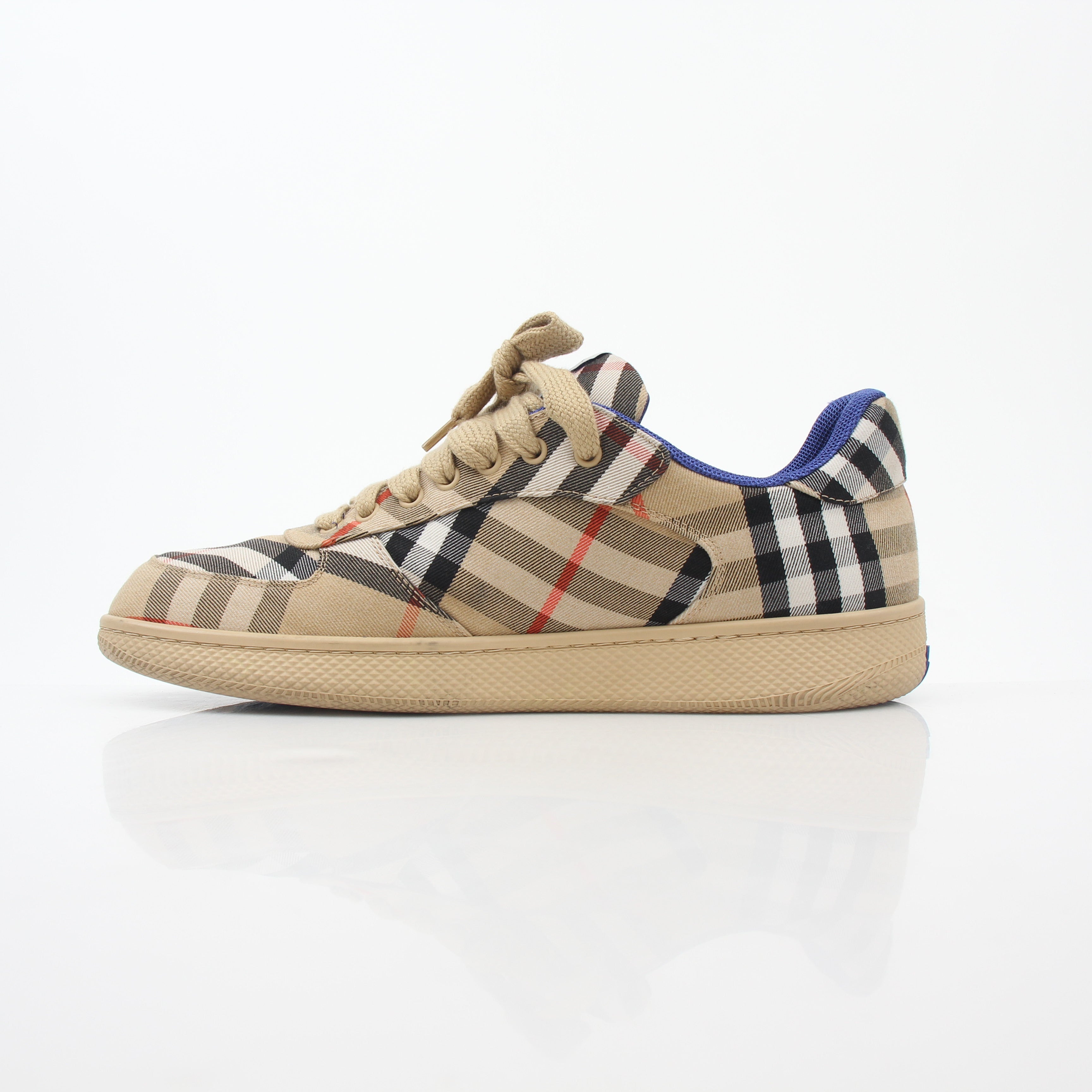 Gold & Beyond Burberry Vintage Check Terrace Low-Top Sneakers showing beige canvas with iconic check pattern and white rubber soles.