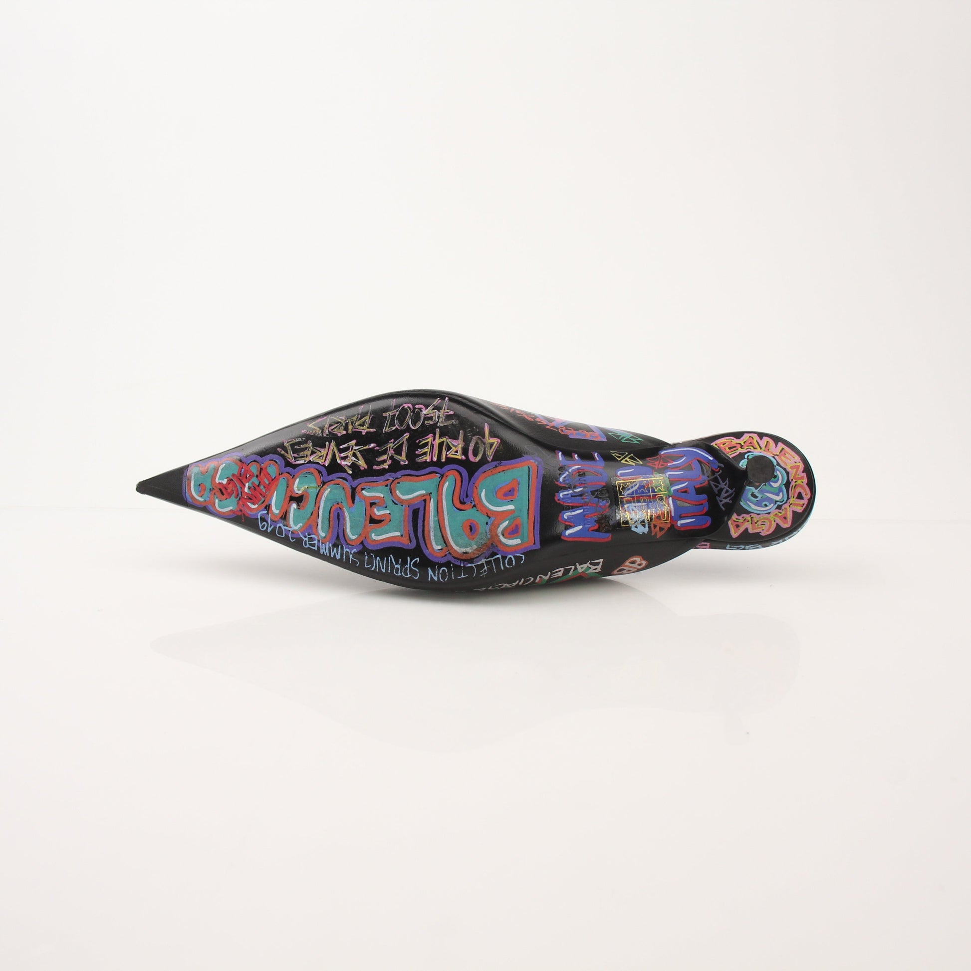 Gold & Beyond Balenciaga Graffiti Knife Mules heels with vibrant graffiti design and pointed toe, stylish and modern footwear.