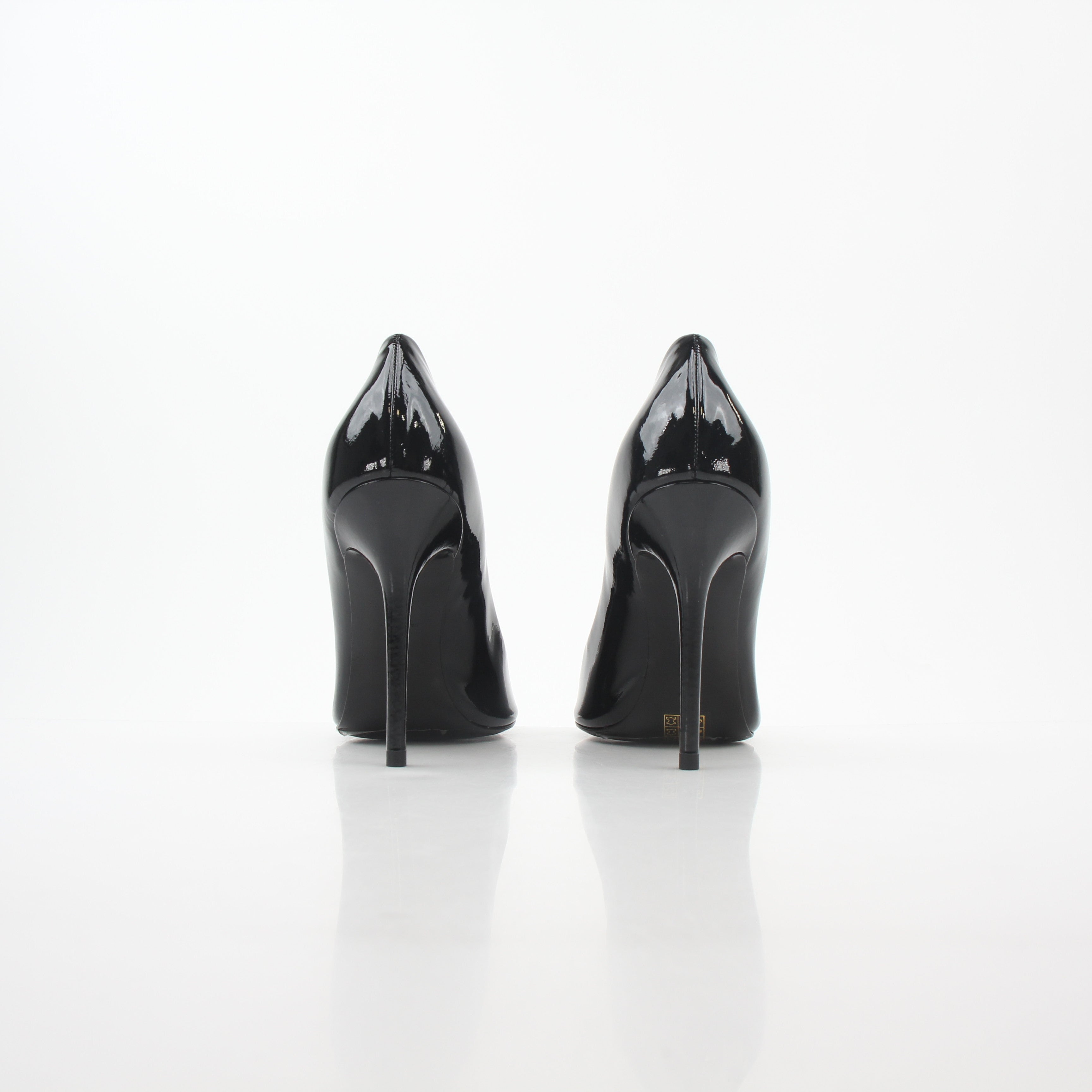 Black patent leather Philipp Plein crystal skull heels with pointed toes and stiletto heels, detailed with crystal embellishments.