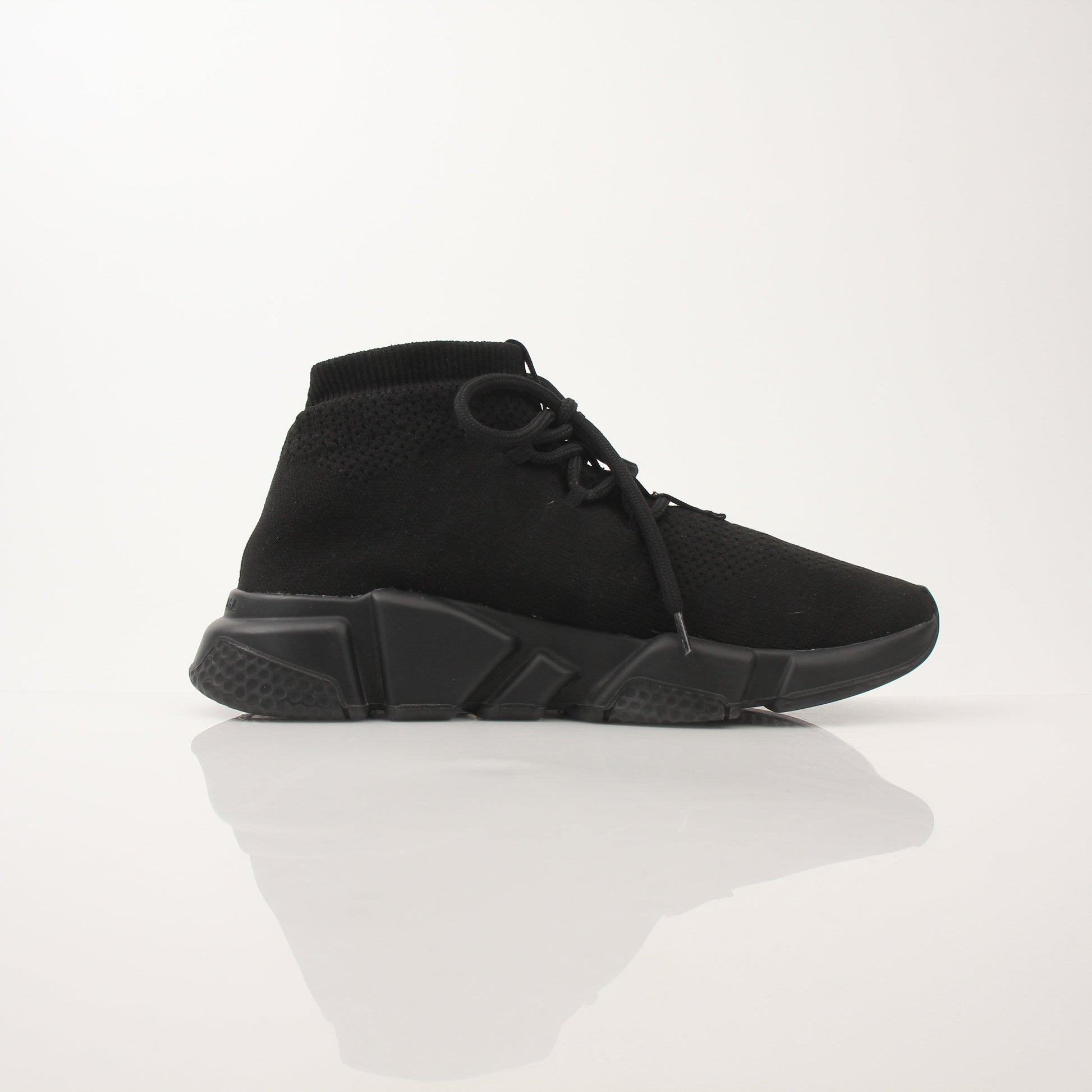 Gold & Beyond Balenciaga Speed Lace-Up Sneakers, stylish shoes with sleek design and laces, shown from a side angle.