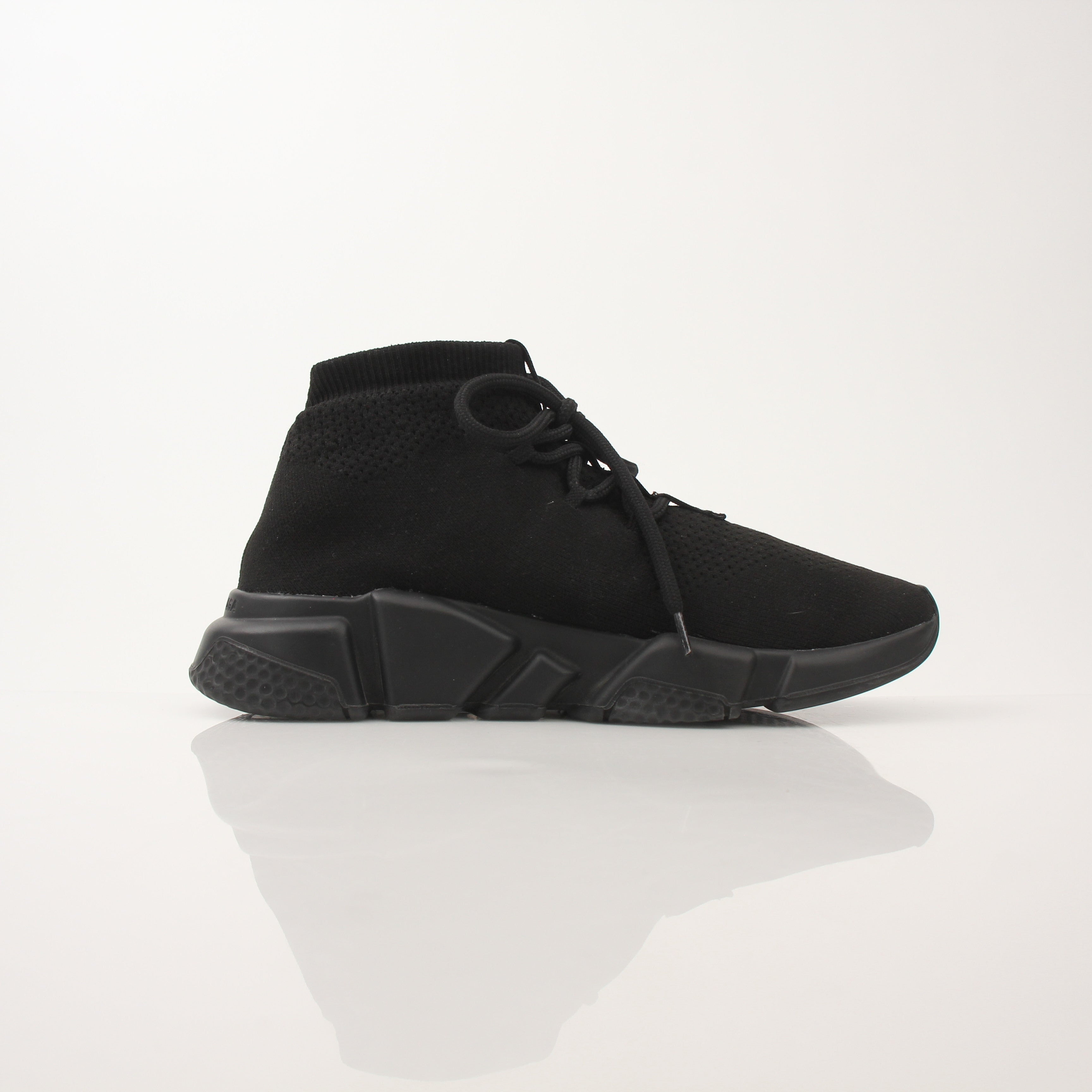 Gold & Beyond Balenciaga Speed Lace-Up Sneakers, stylish shoes with sleek design and laces, shown from a side angle.
