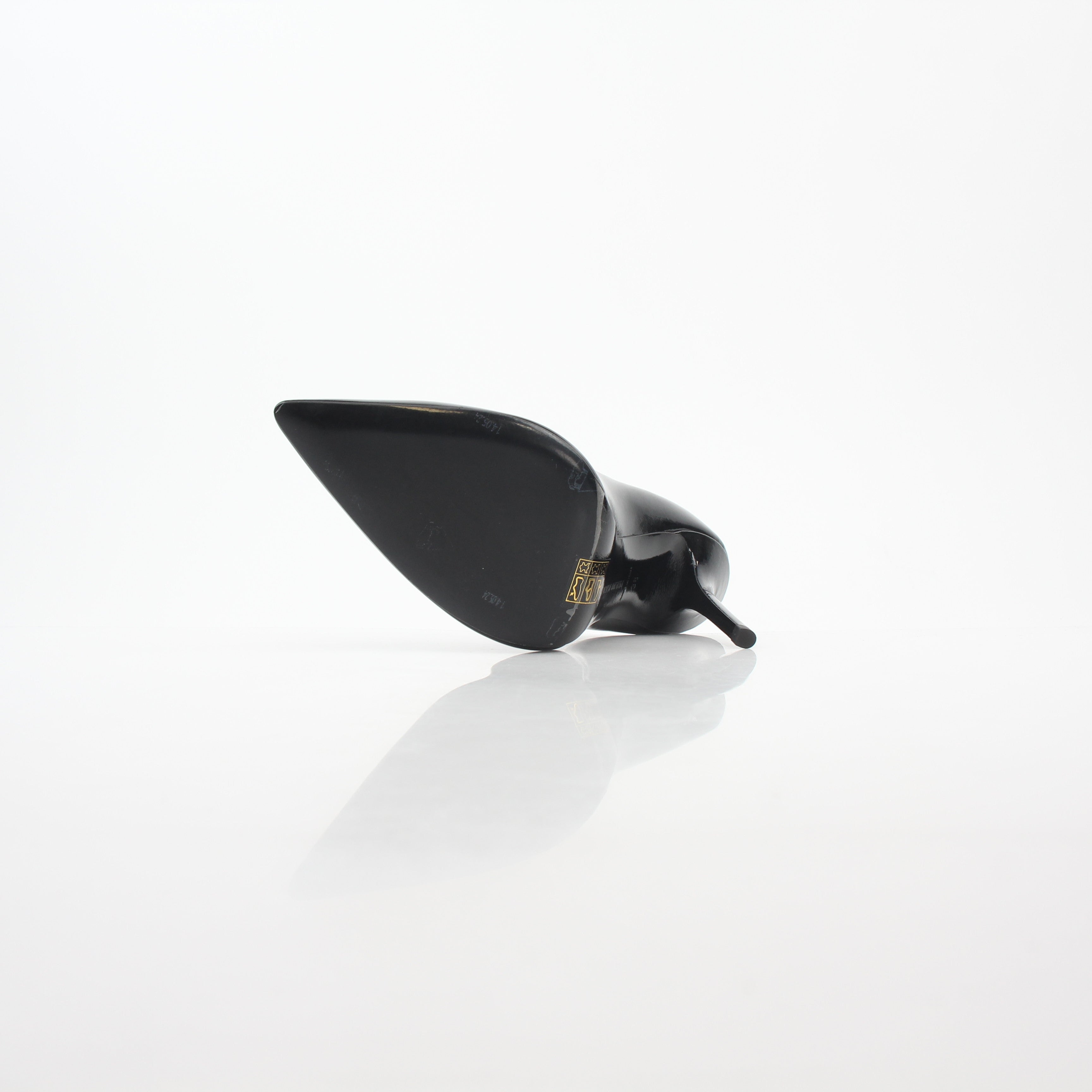 Black patent leather Philipp Plein skull heels with crystal embellishments, stylish décolleté design, from Gold & Beyond.