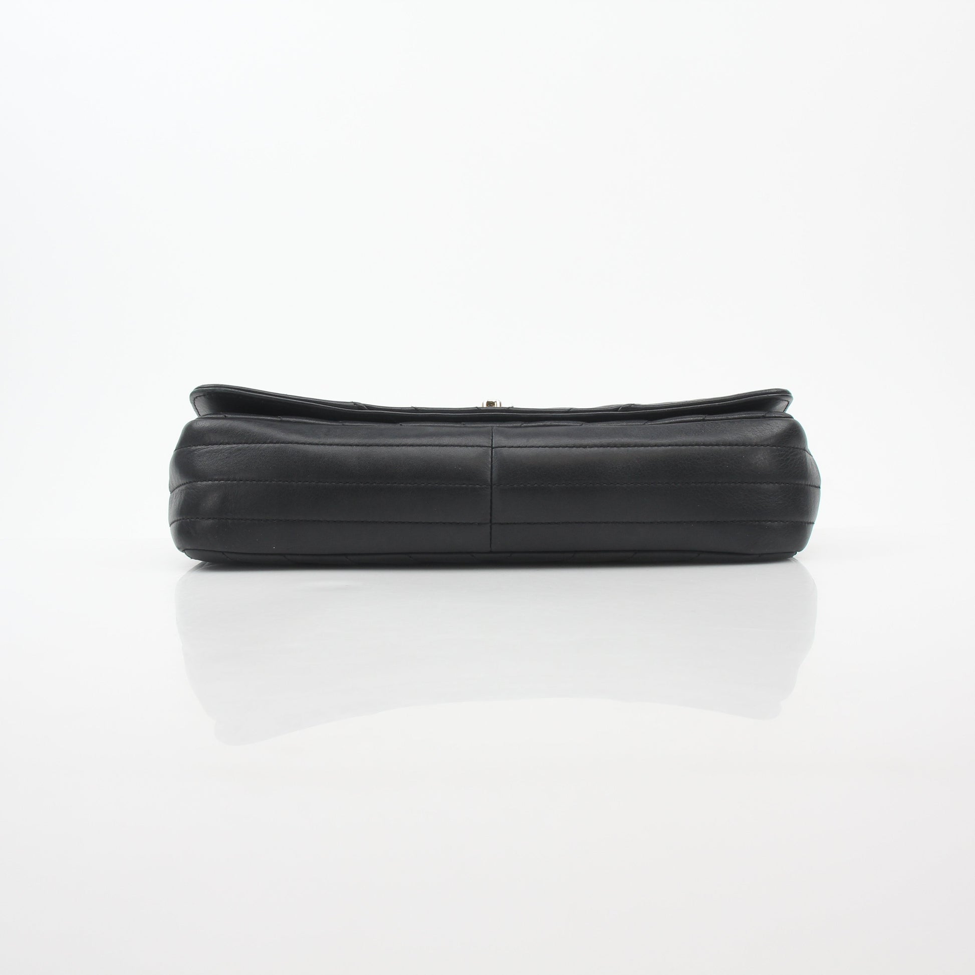 Black Chanel Chevron Flap Handbag with gold chain strap and quilted leather detailing.