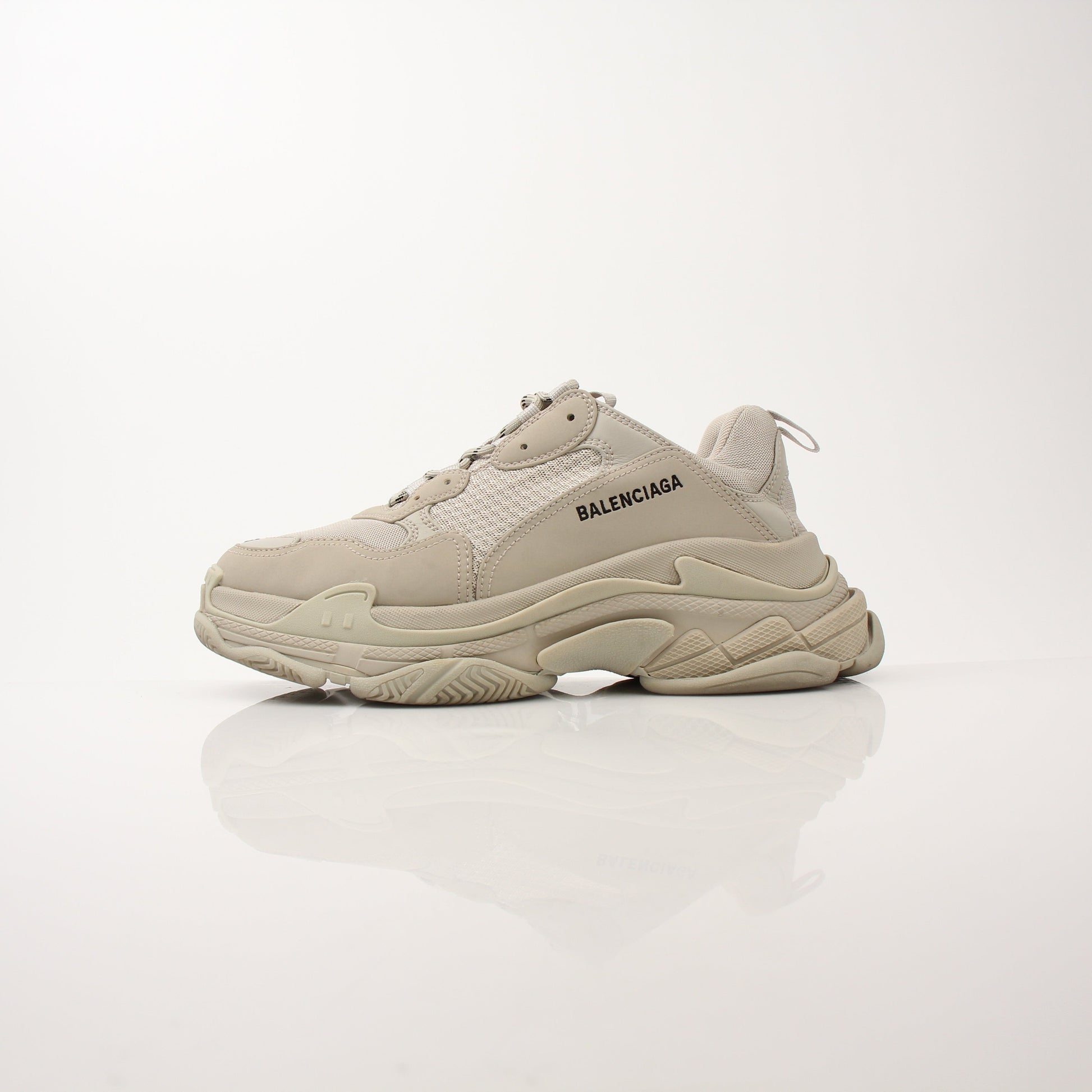 Gold & Beyond men's Balenciaga Triple S sneakers, stylish multi-layered shoes with chunky sole, detailed in the product image.