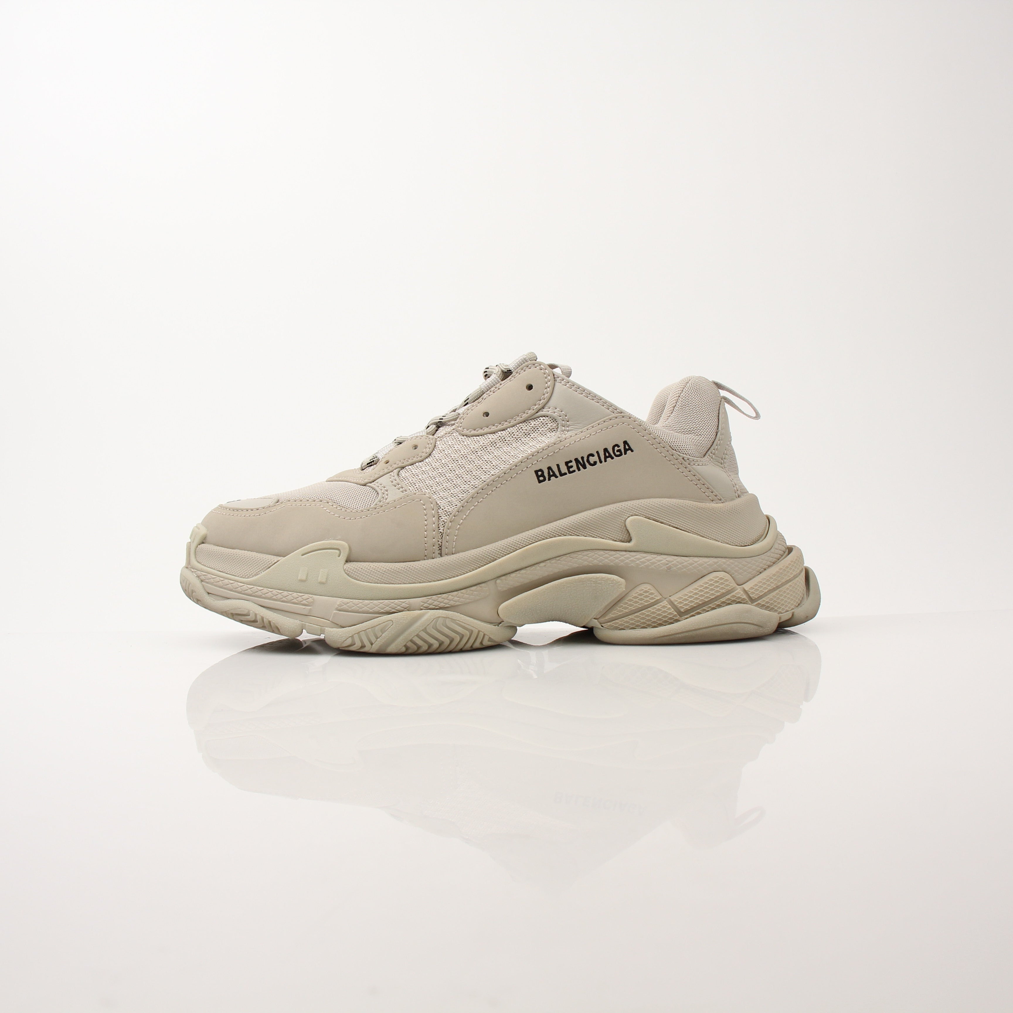 Gold & Beyond men's Balenciaga Triple S sneakers, stylish multi-layered shoes with chunky sole, detailed in the product image.