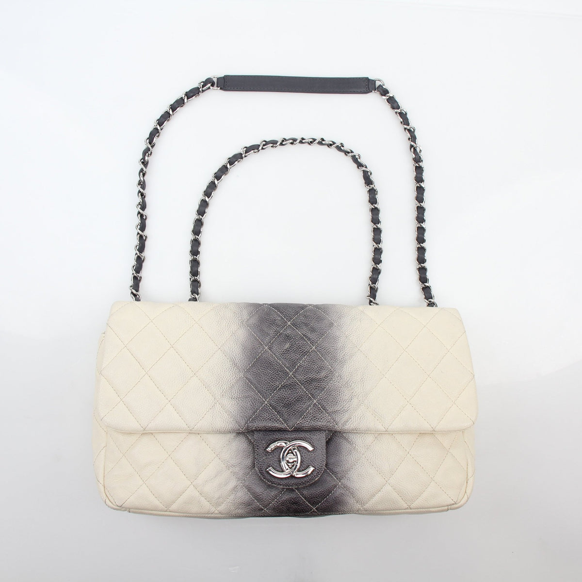 Chanel White and Black Ombre Jumbo Single Flap Handbag by Gold & Beyond, featuring classic quilted design and gold-tone hardware.