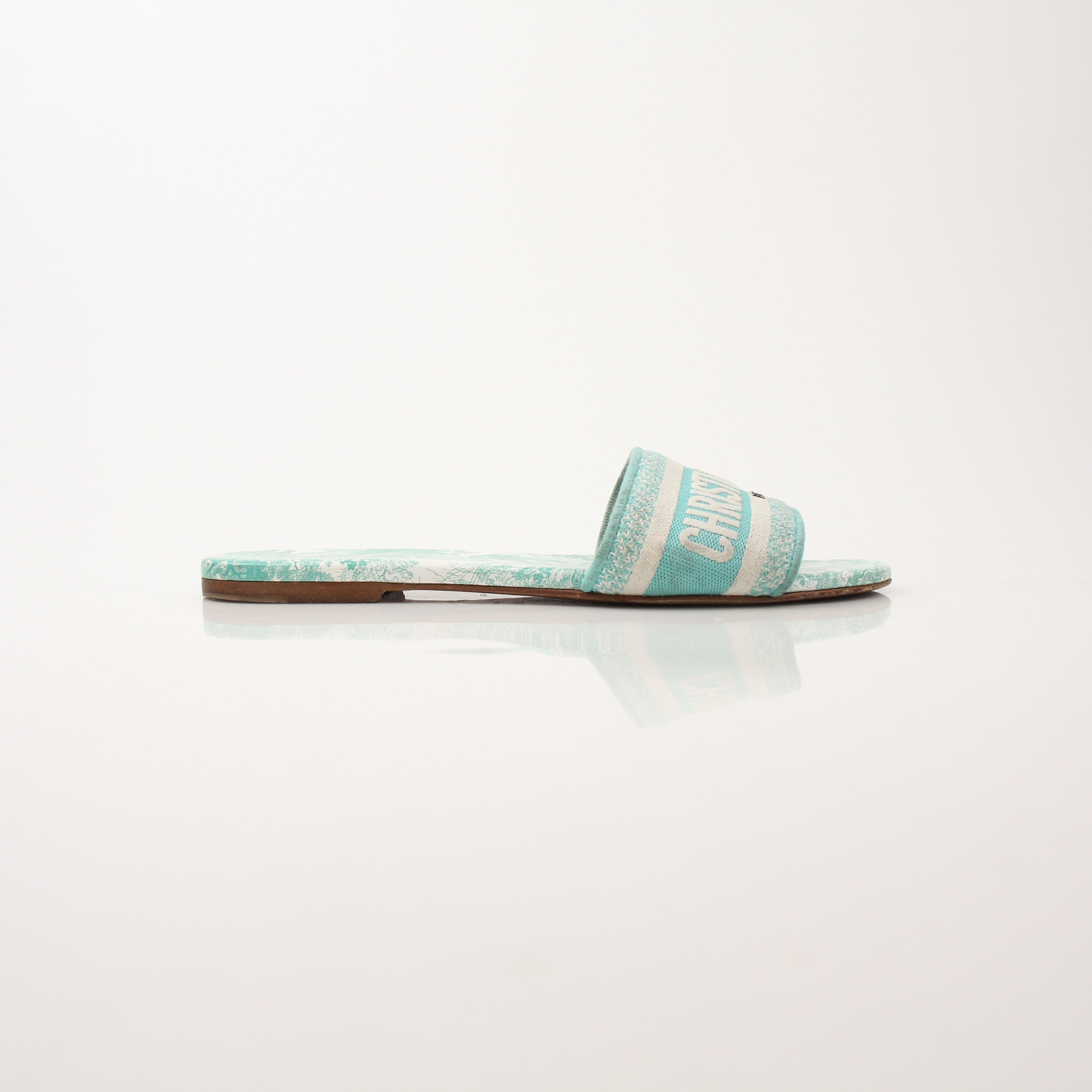 Christian Dior women’s Aquamarine D-Way slide sandals with sleek design and open toe, showcasing vibrant aqua color and stylish straps.