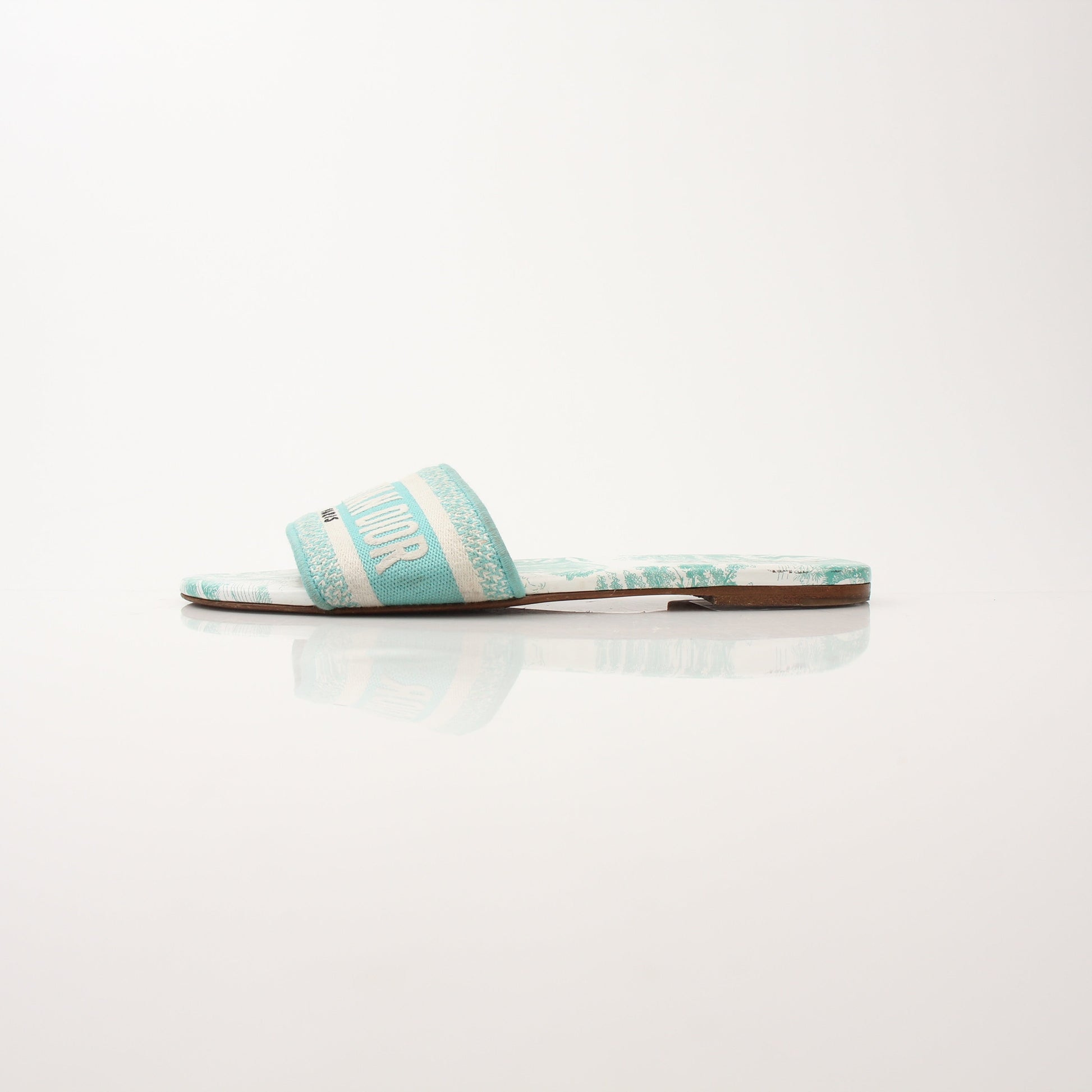 Christian Dior women’s aquamarine D-Way slide sandals with sleek design and open-toe style, featuring luxurious comfort and vibrant color.