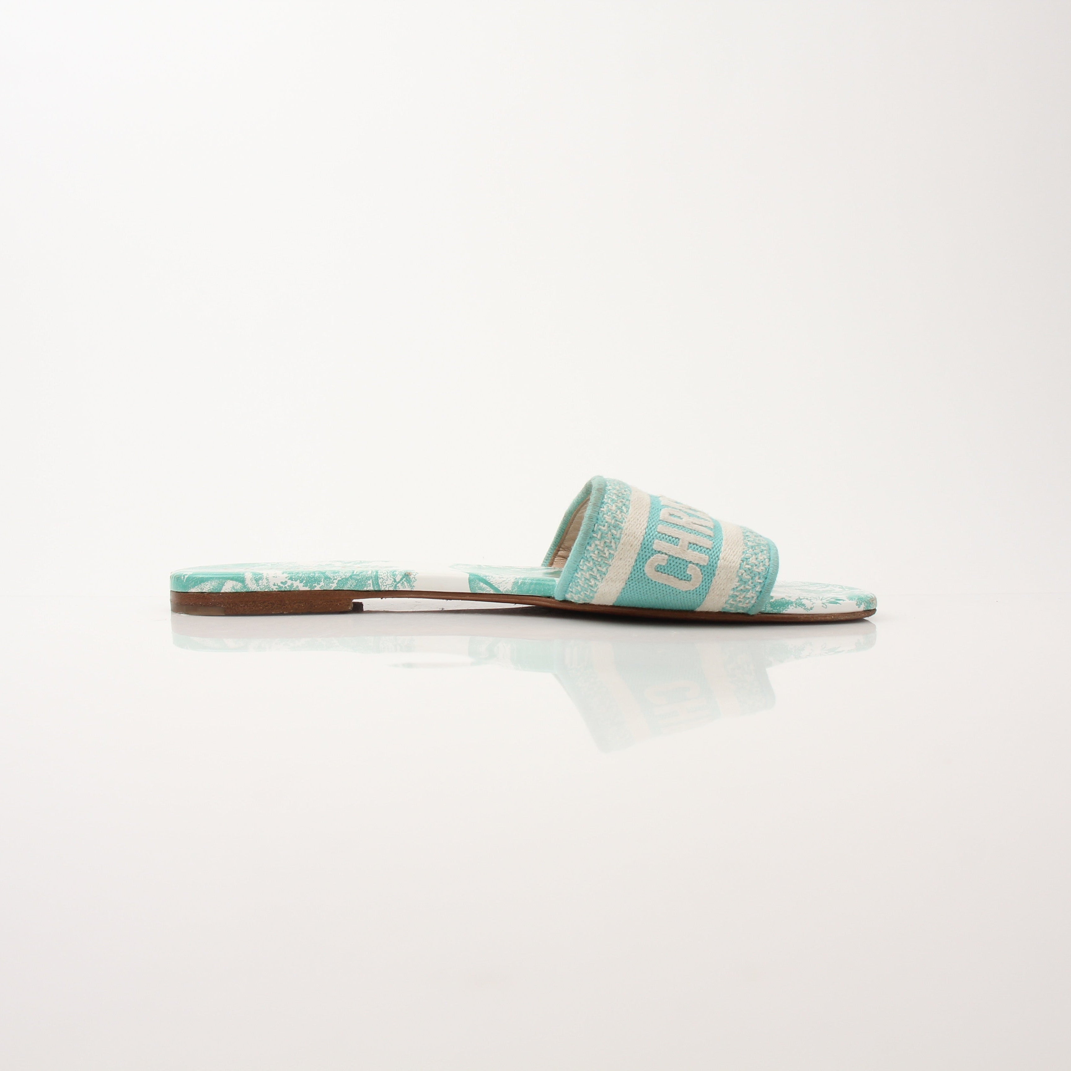 Christian Dior women’s Aquamarine D-Way slide sandals with gold accents, showcasing stylish open-toe design and comfortable slip-on style.