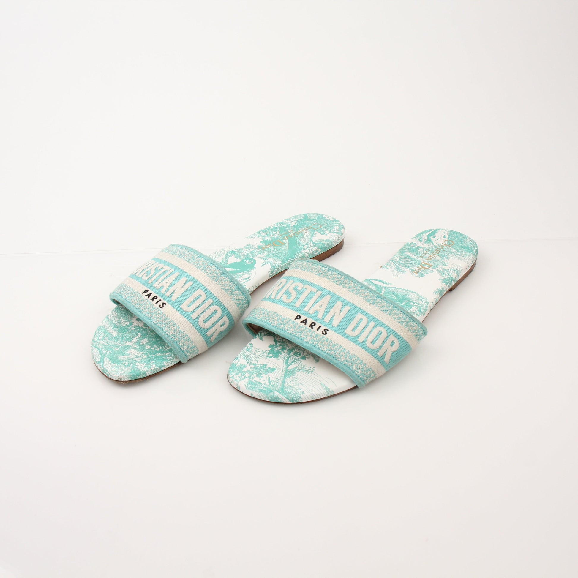 Christian Dior women's aquamarine D-Way slide sandals with gold accents, showcasing the stylish open-toe design and slip-on style.