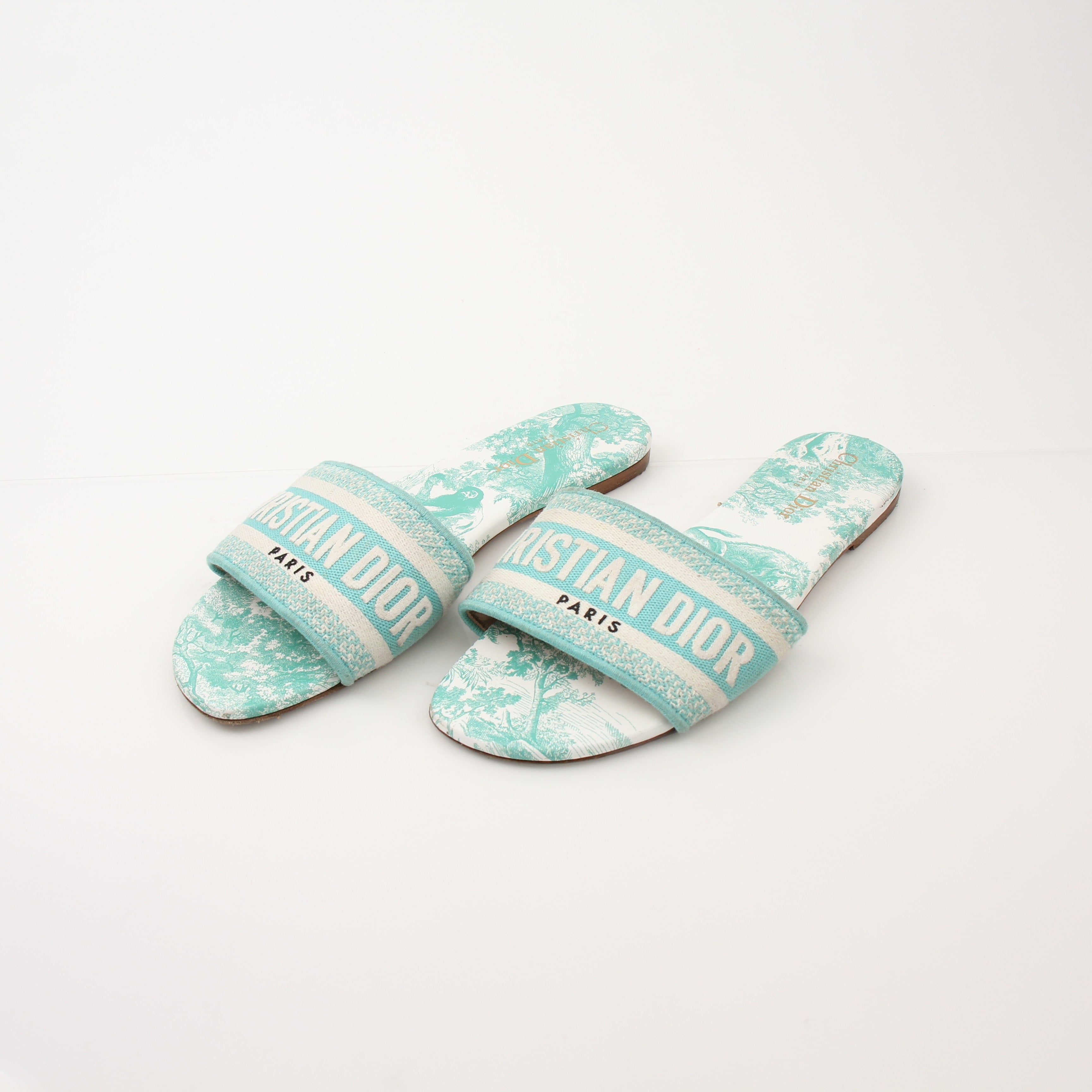 Christian Dior women's aquamarine D-Way slide sandals with gold accents, showcasing the stylish open-toe design and slip-on style.