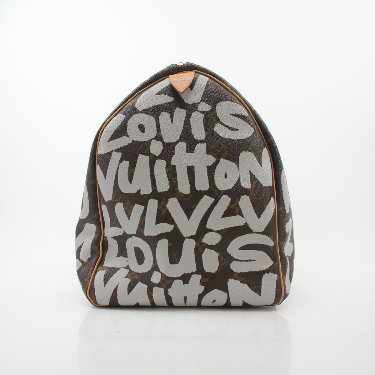 Louis Vuitton Brown Monogram Graffiti Keepall 50 travel bag with leather handles and gold-tone hardware, showcasing a stylish design.