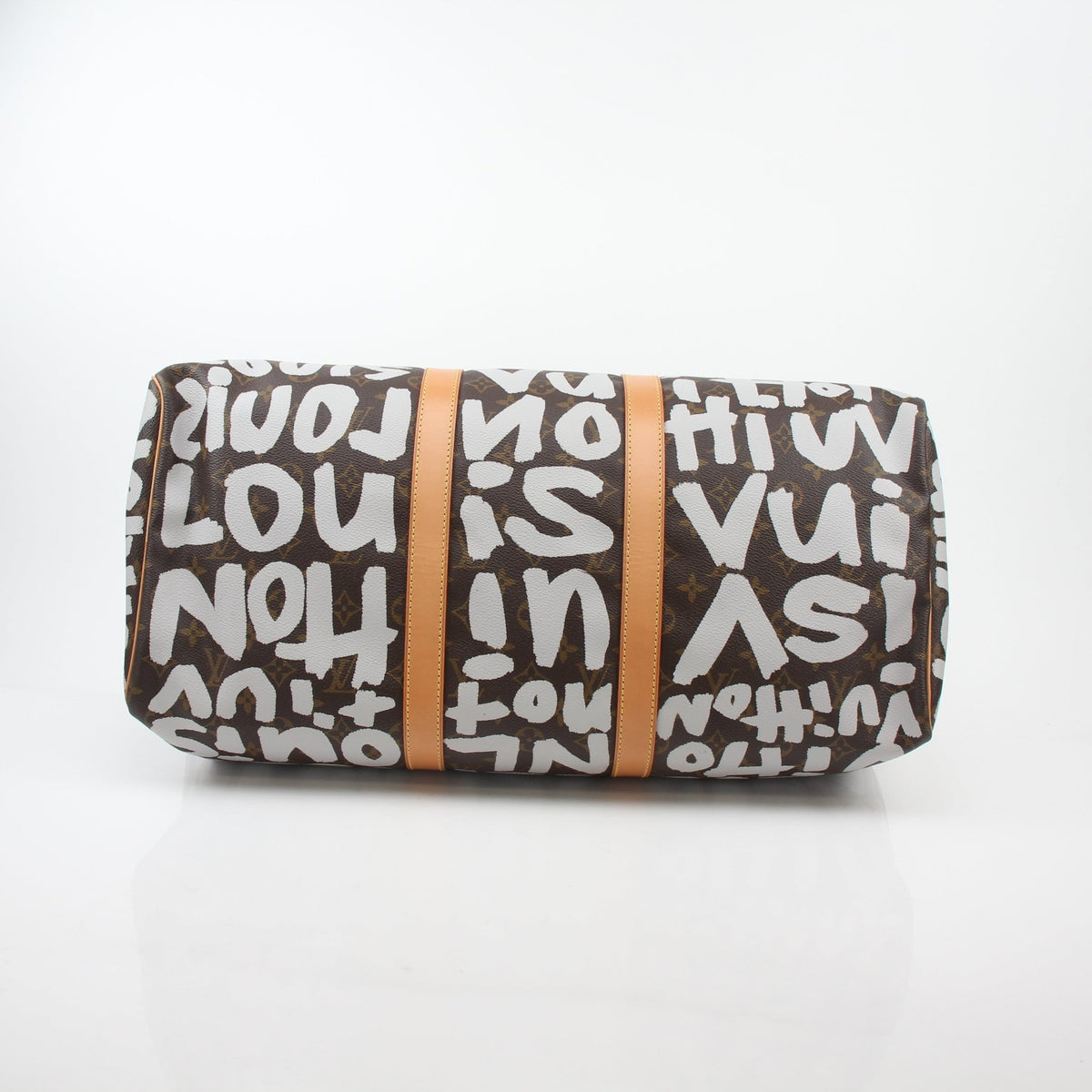 Louis Vuitton Brown Monogram Graffiti Keepall 50 travel bag with leather handles and spacious interior, showcasing monogram design.