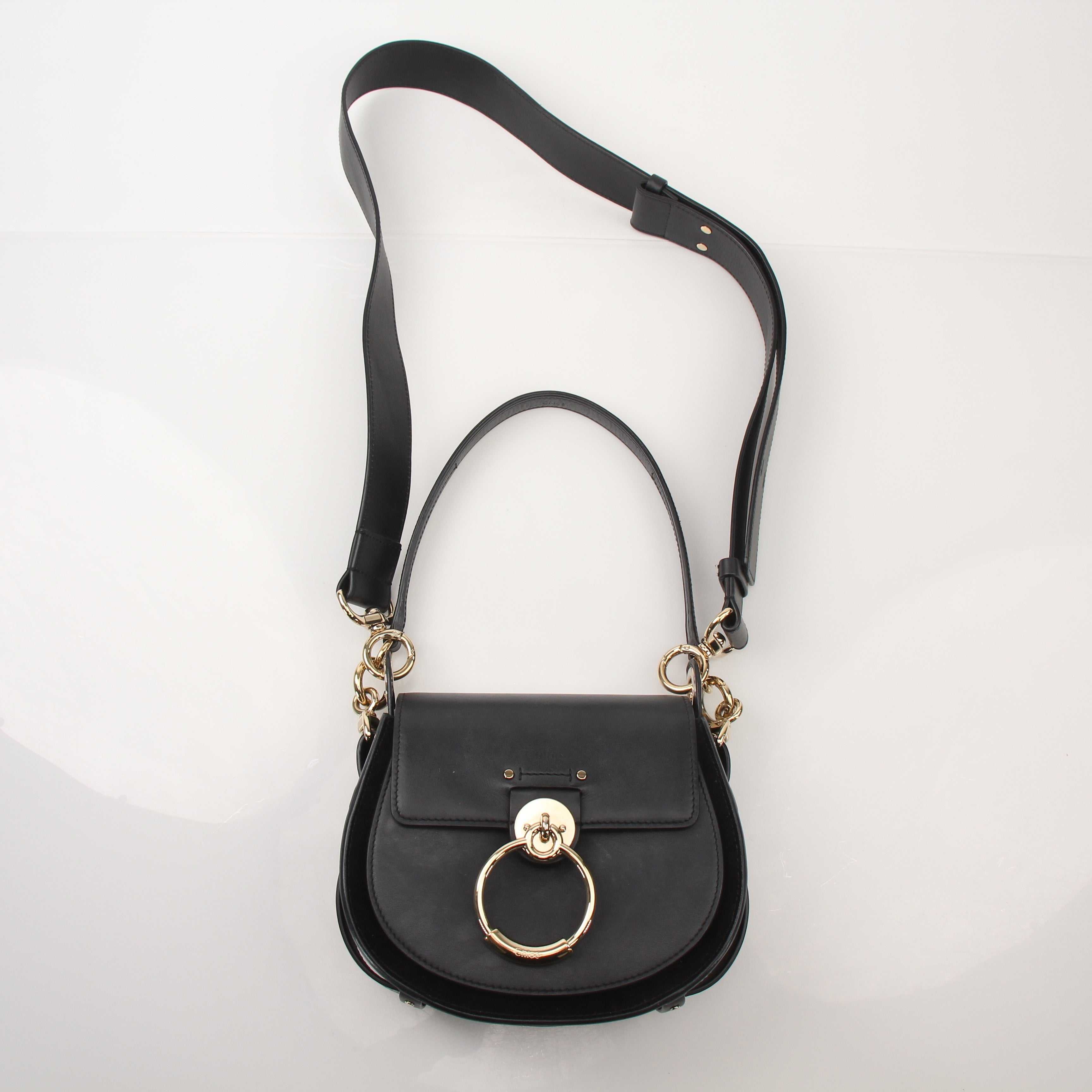 Gold & Beyond Chloé Tess Saddle Bag handbag with leather strap and gold hardware, featuring a classic saddle shape and brown color.