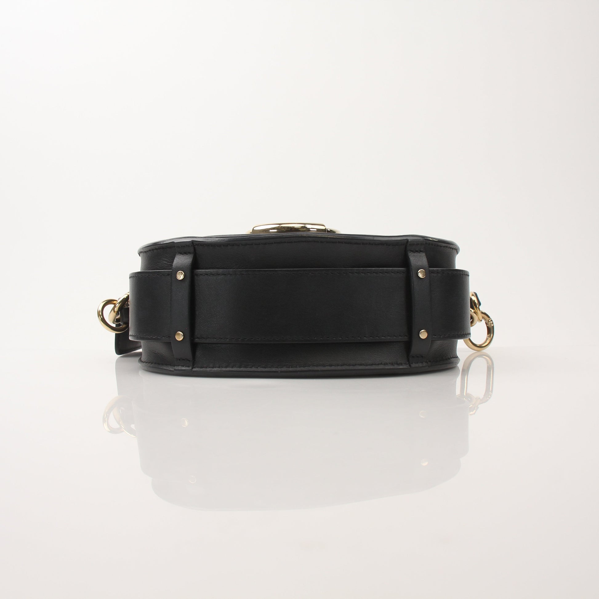 Gold & Beyond Chloé Tess Saddle Bag handbag with tan leather and saddle design, featuring gold hardware and adjustable strap.