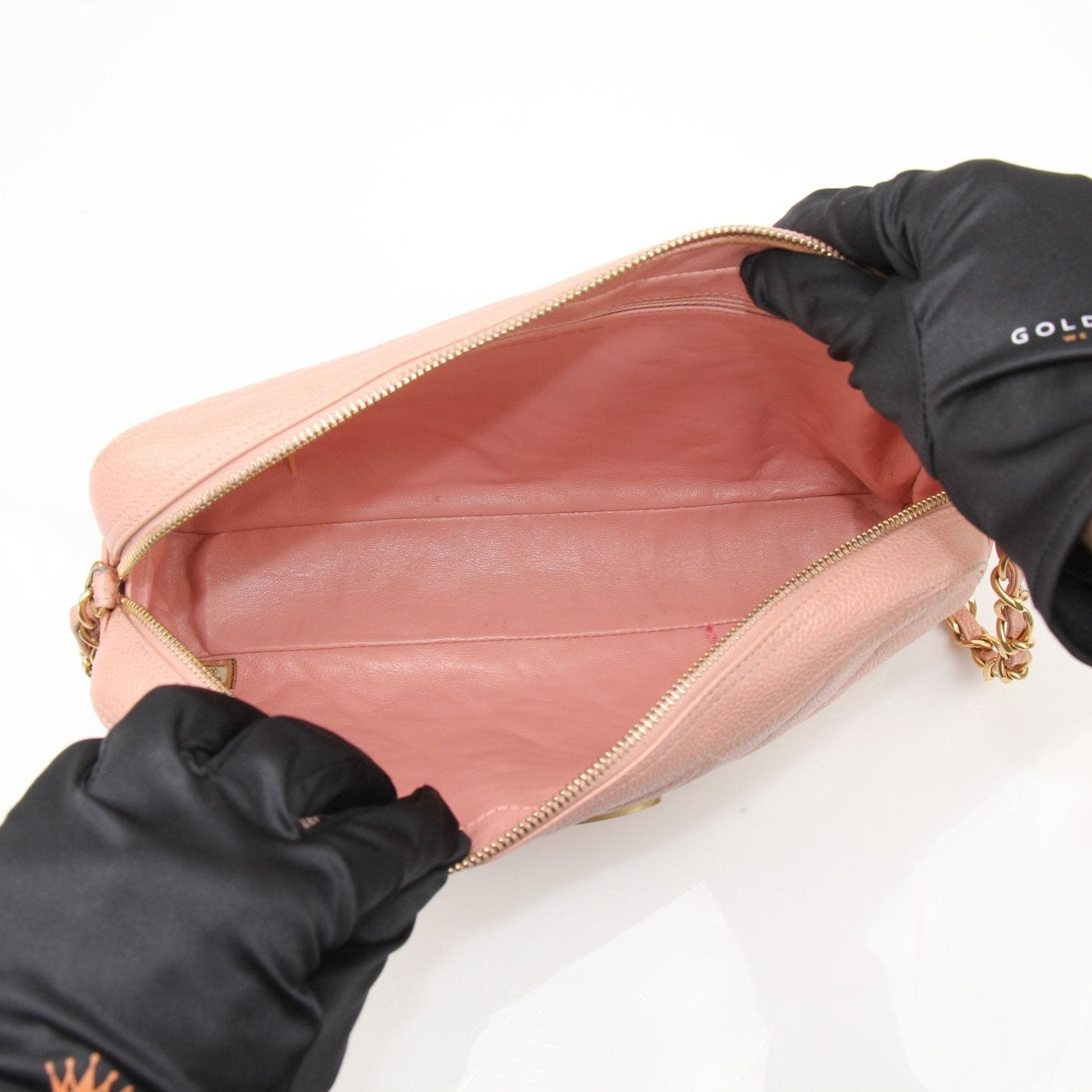 Pink Chanel Caviar Classic CC handbag with gold hardware, featuring quilted leather and chain strap, by Gold & Beyond.