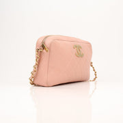 Pink Chanel Caviar Classic CC handbag with gold hardware, featuring quilted leather and a chain strap, by Gold & Beyond.