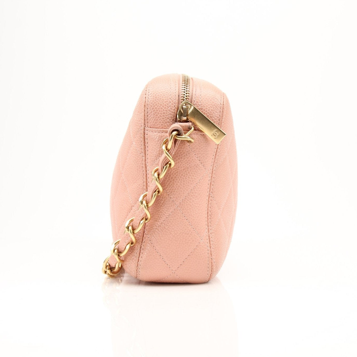 Pink Chanel Caviar Classic CC handbag with gold hardware, featuring quilted leather and a chain strap, by Gold & Beyond.