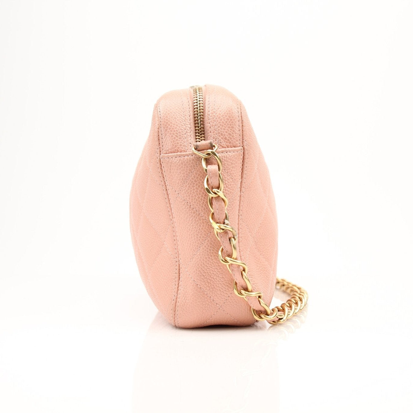 Pink Chanel Caviar Classic CC handbag with gold chain strap and quilted texture, stylish accessory from Gold & Beyond.