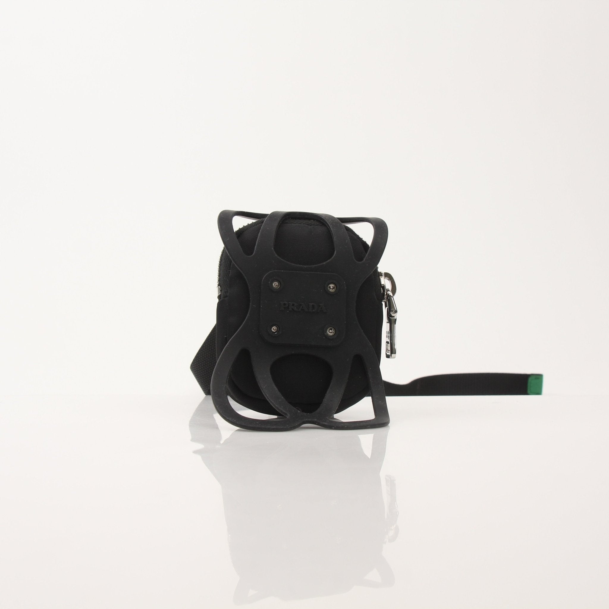 Gold & Beyond Prada mini nylon pouch with smartphone holder, compact accessories bag with versatile design and sleek black color.