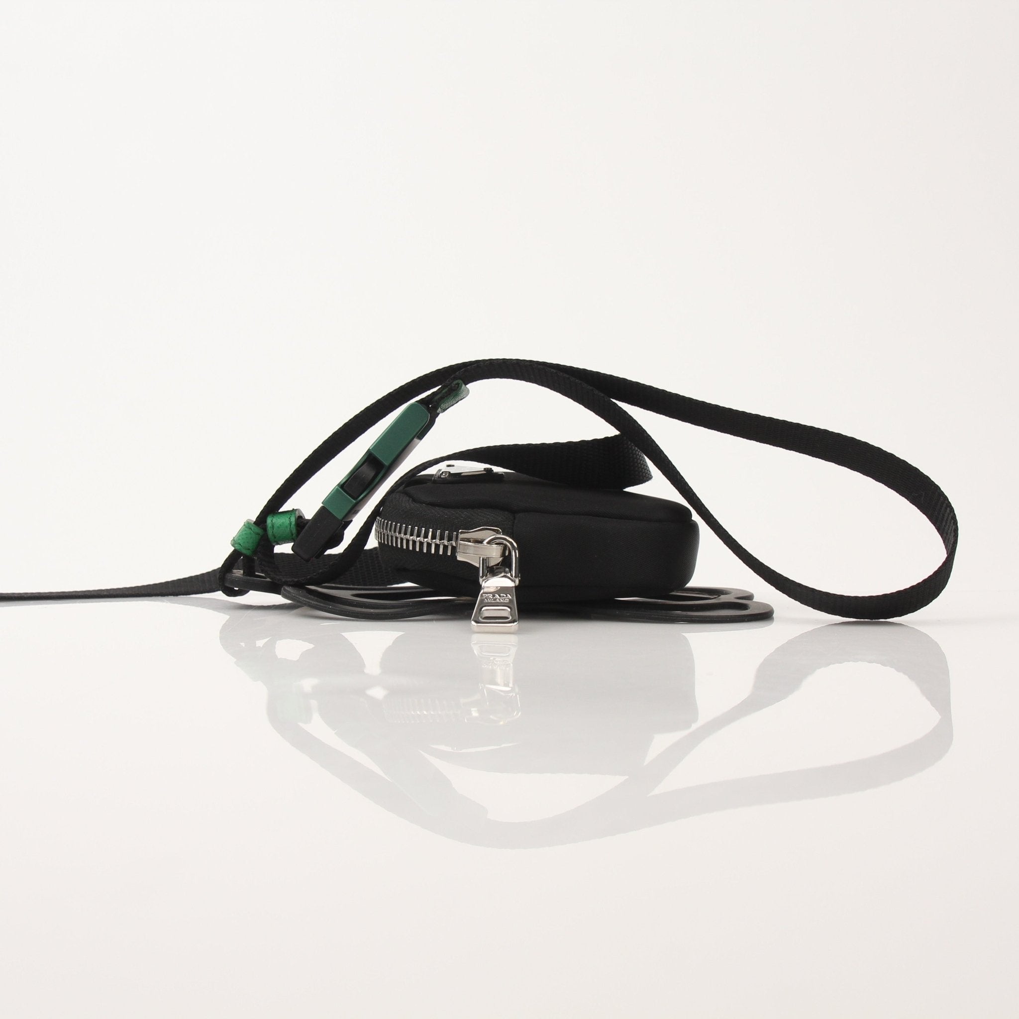 Prada Mini Nylon Pouch with Smartphone Holder, stylish accessories in black nylon with gold-tone hardware.