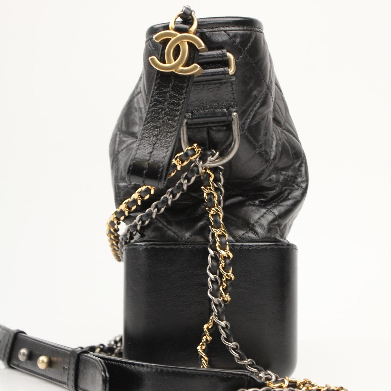 Chanel Gabrielle black hobo handbag with gold hardware, soft leather shoulder bag, stylish and spacious design by Gold & Beyond.
