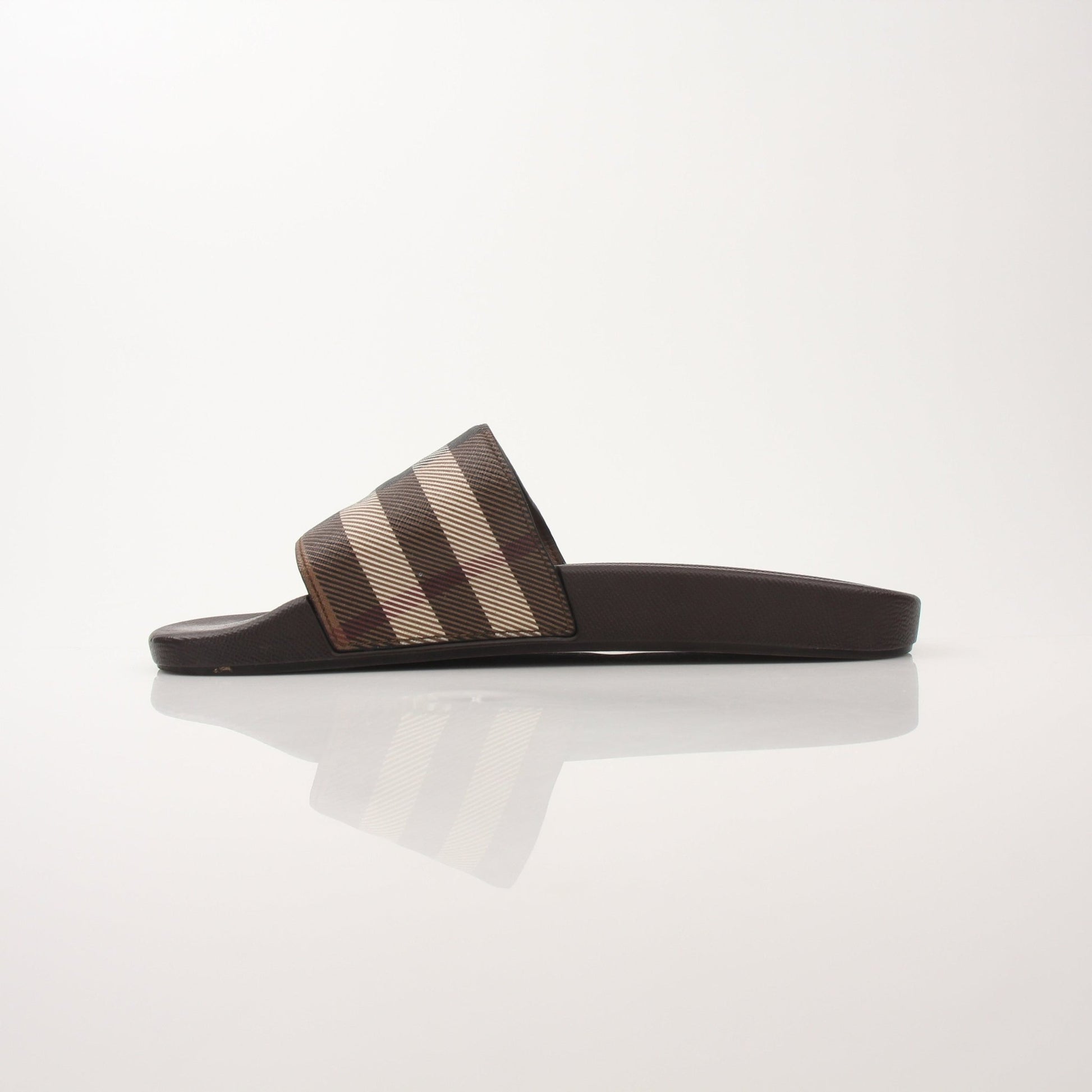Gold & Beyond men's Furley Check slide sandals with Burberry-inspired check pattern and comfortable open-toe design.