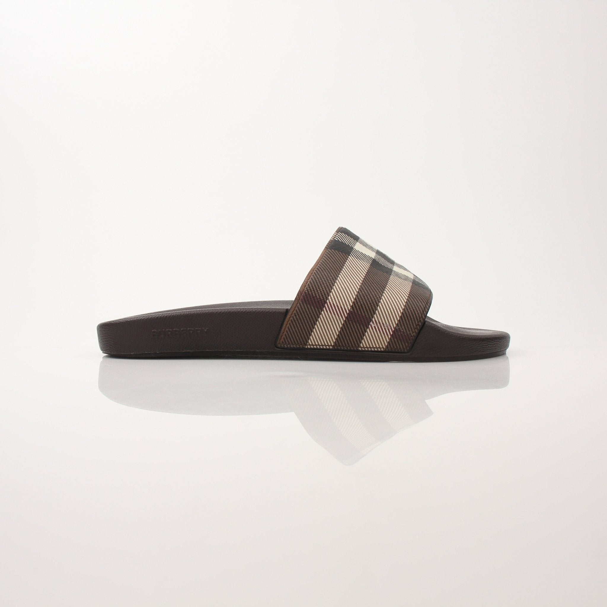 Gold & Beyond Burberry Men’s Furley Check Slide Sandals showing check pattern straps and casual slide design.
