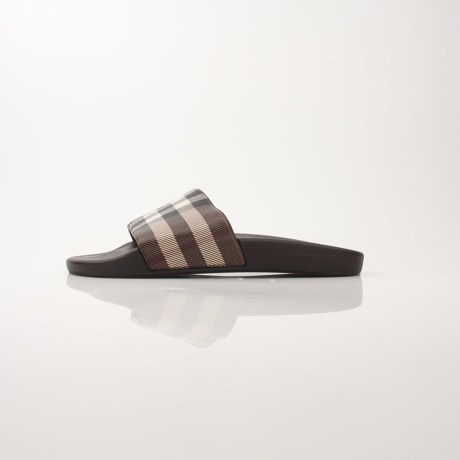 Gold & Beyond men's Furley Check slide sandals featuring Burberry-inspired check pattern, open-toe design, and casual footwear style.