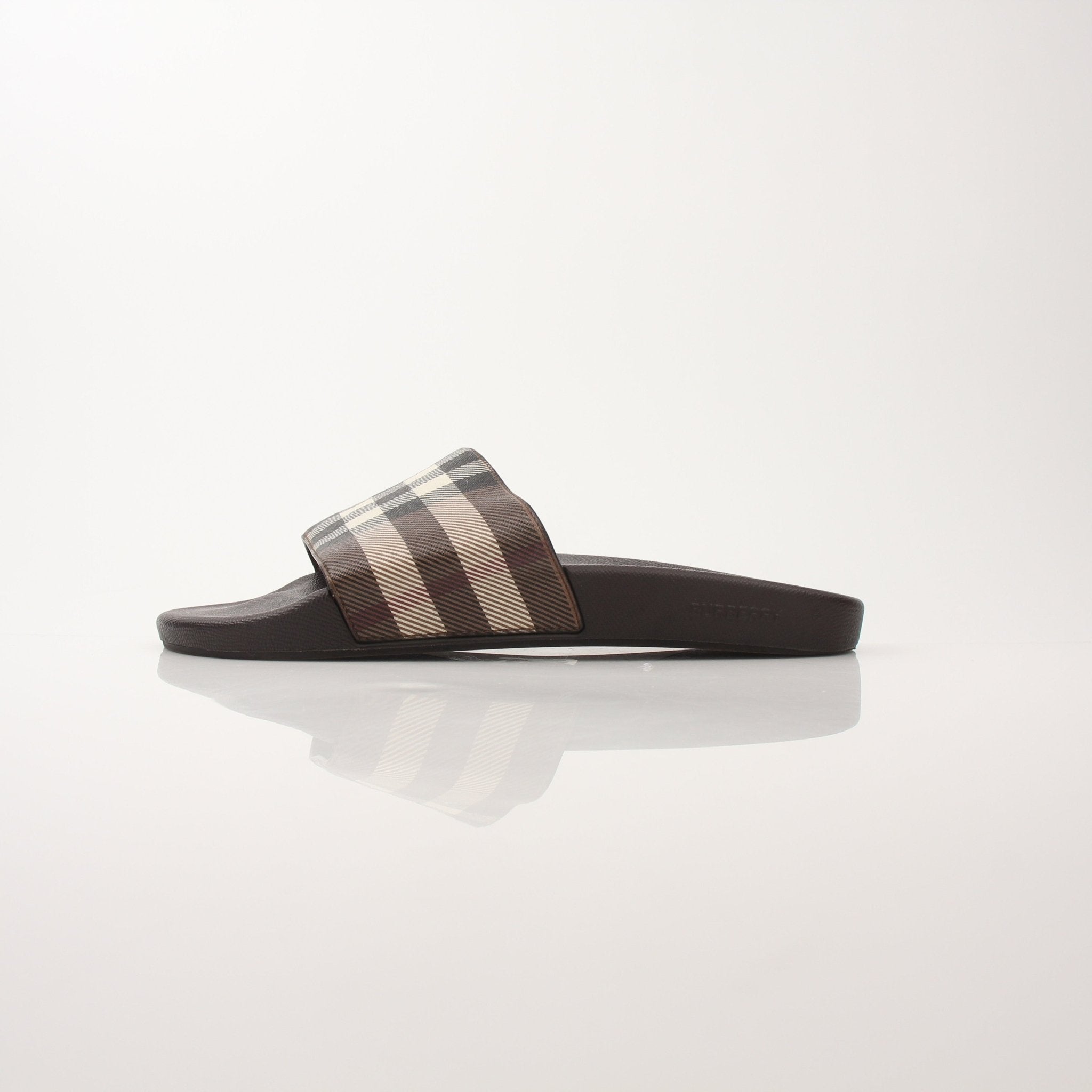 Gold & Beyond men's Furley Check slide sandals featuring Burberry-inspired check pattern, open-toe design, and casual footwear style.