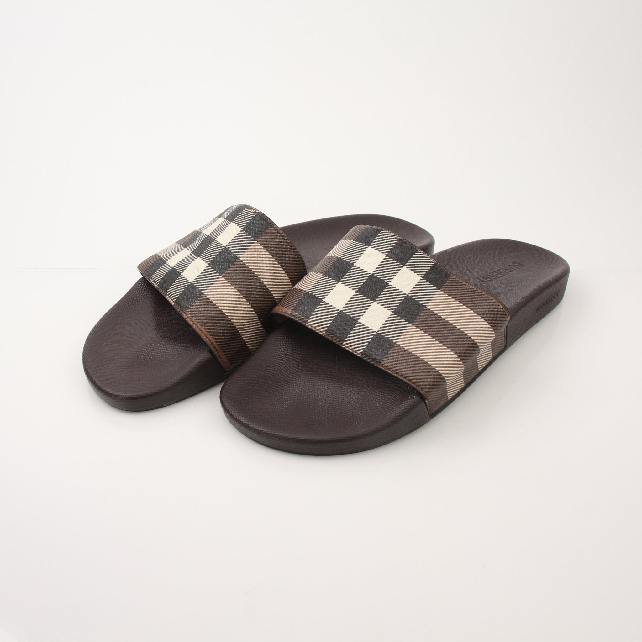 Gold & Beyond Burberry Men’s Furley Check Slide Sandals showing stylish checkered pattern and comfortable slip-on design.