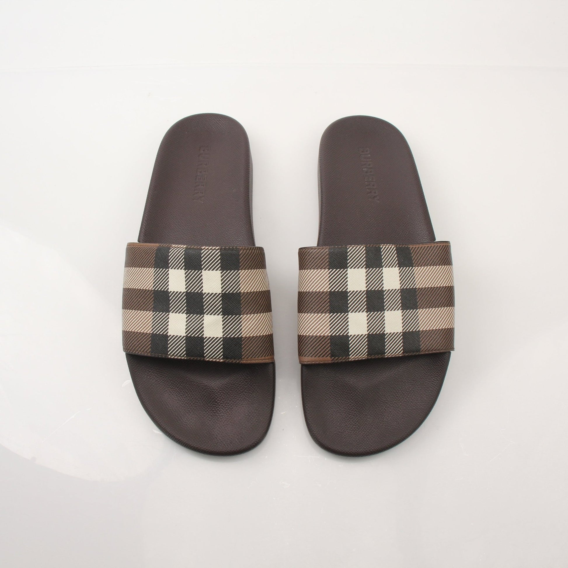 Gold & Beyond Burberry Men’s Furley Check Slide Sandals showing checkered fabric straps and open-toe design.