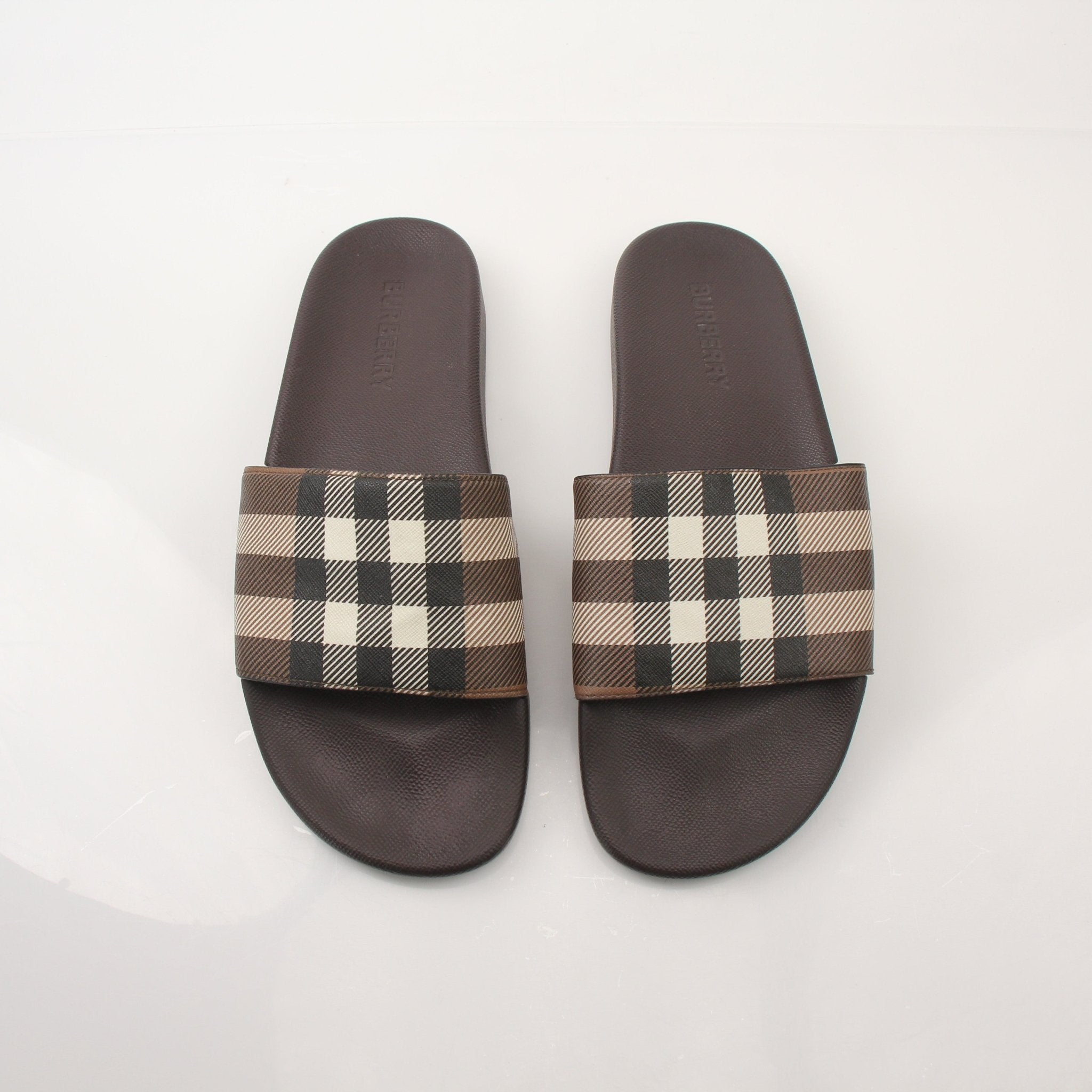 Gold & Beyond Burberry Men’s Furley Check Slide Sandals showing checkered fabric straps and open-toe design.
