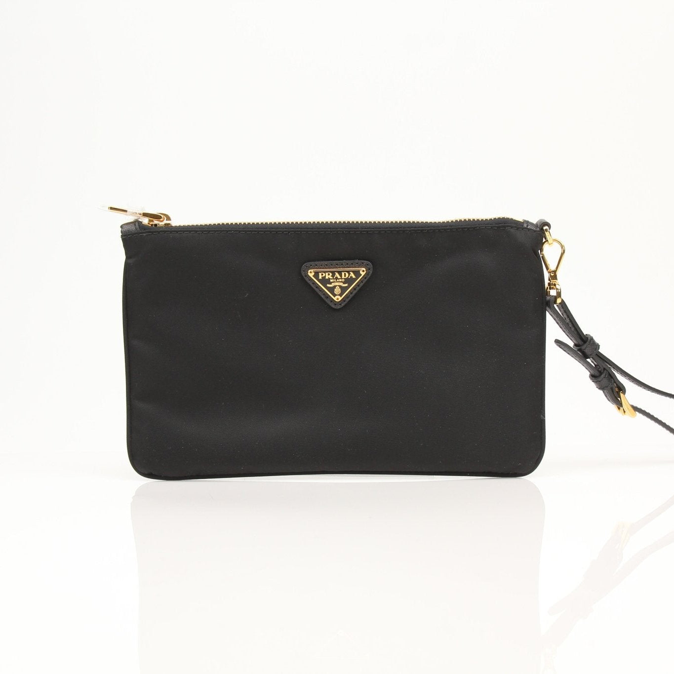 Prada black Re-Nylon wristlet with sleek design, featuring a compact size and minimalist style, ideal for carrying essentials.