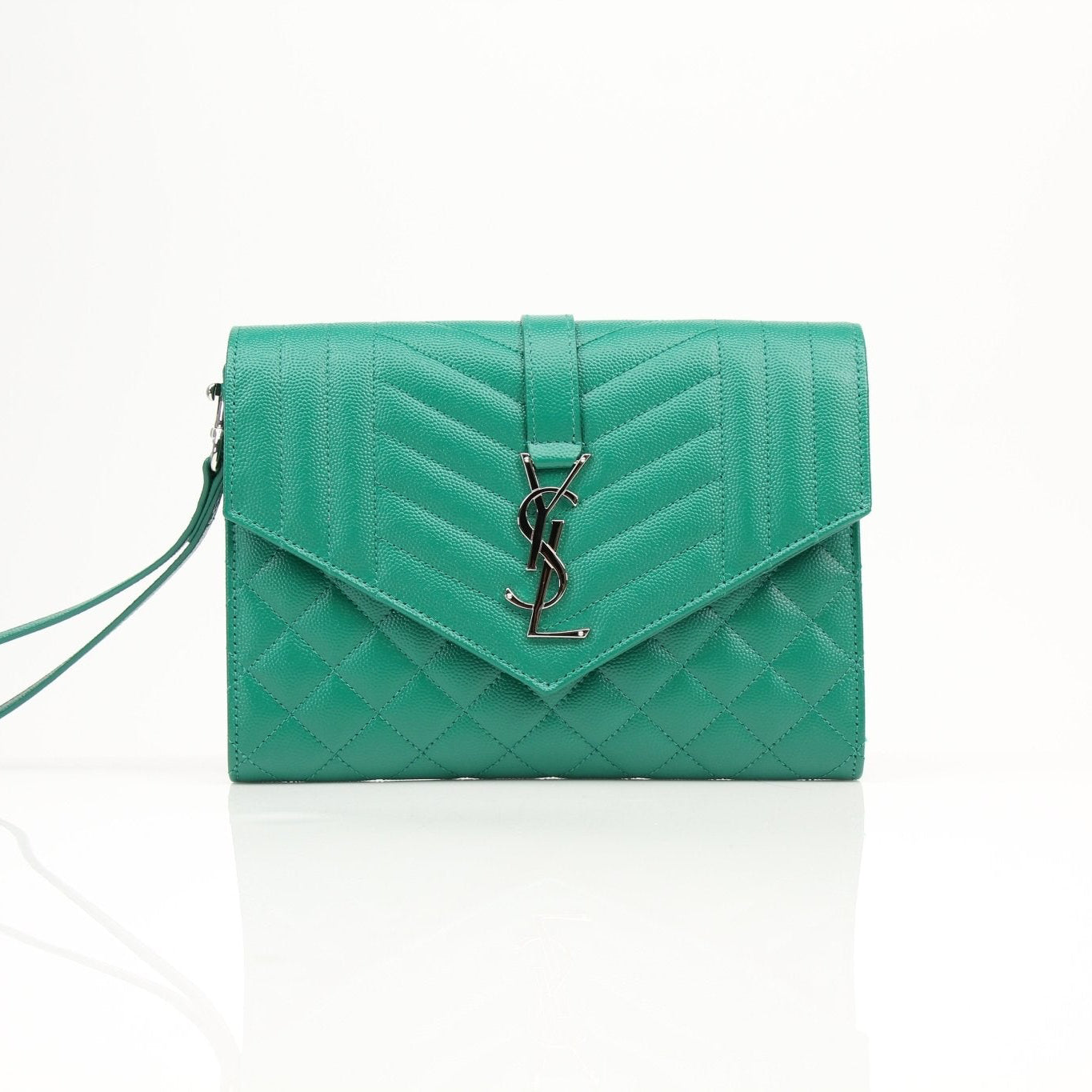 YSL green quilted leather handbag with gold hardware and sleek design, featuring a compact, stylish clutch pouch.