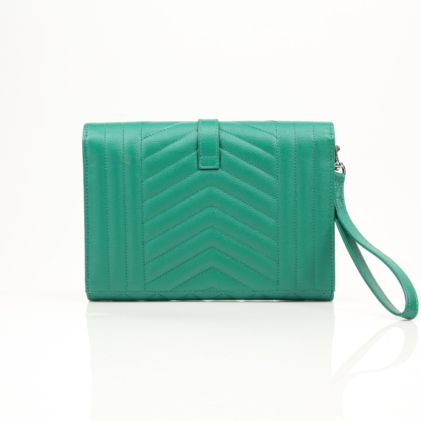 Gold & Beyond YSL green quilted leather handbag pouch with gold accents, compact and stylish for everyday use.