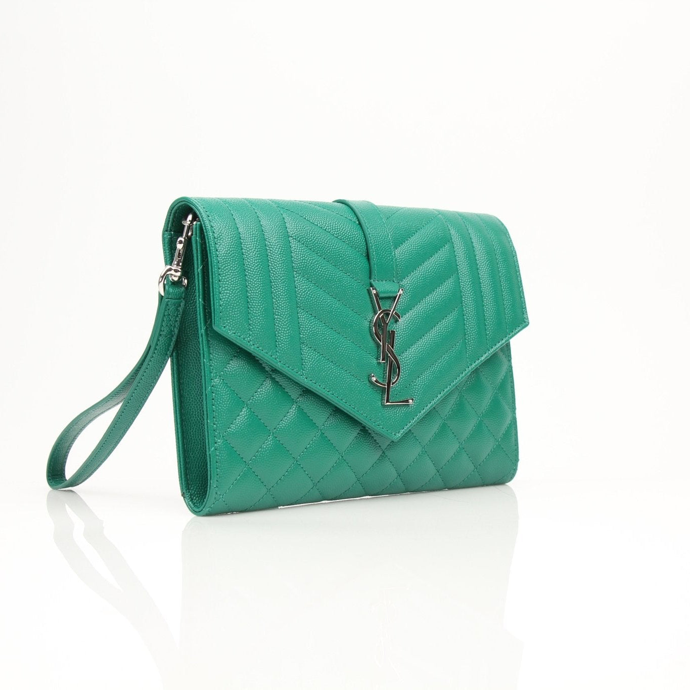 YSL green quilted leather handbag with gold accents, stylish designer pouch with textured stitching and compact design.