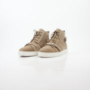 Christian Louboutin Taupe Nono Strap Flat High-Top Sneakers with ankle straps and signature detailing, casual shoes for women.