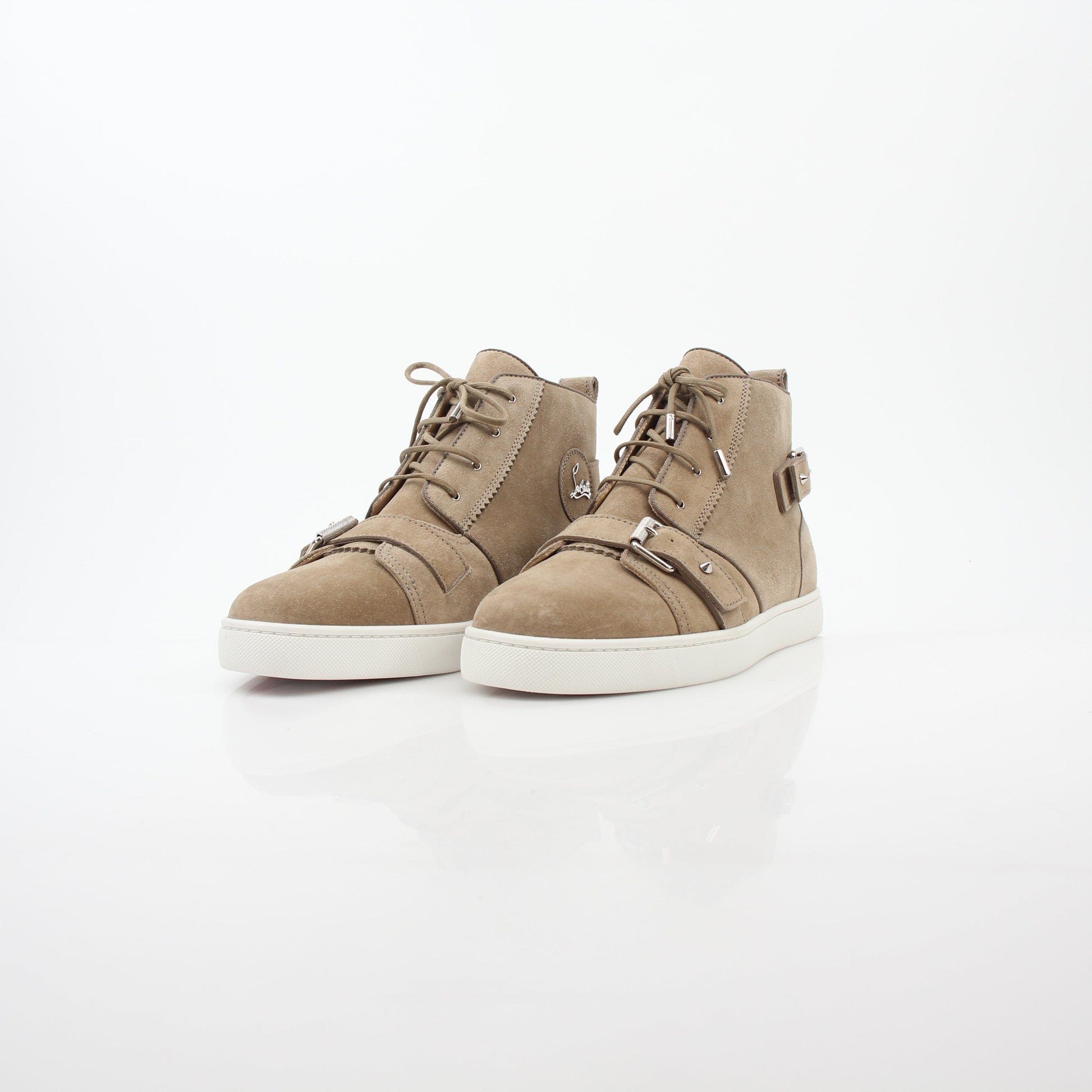 Christian Louboutin Taupe Nono Strap Flat High-Top Sneakers with ankle straps and signature detailing, casual shoes for women.