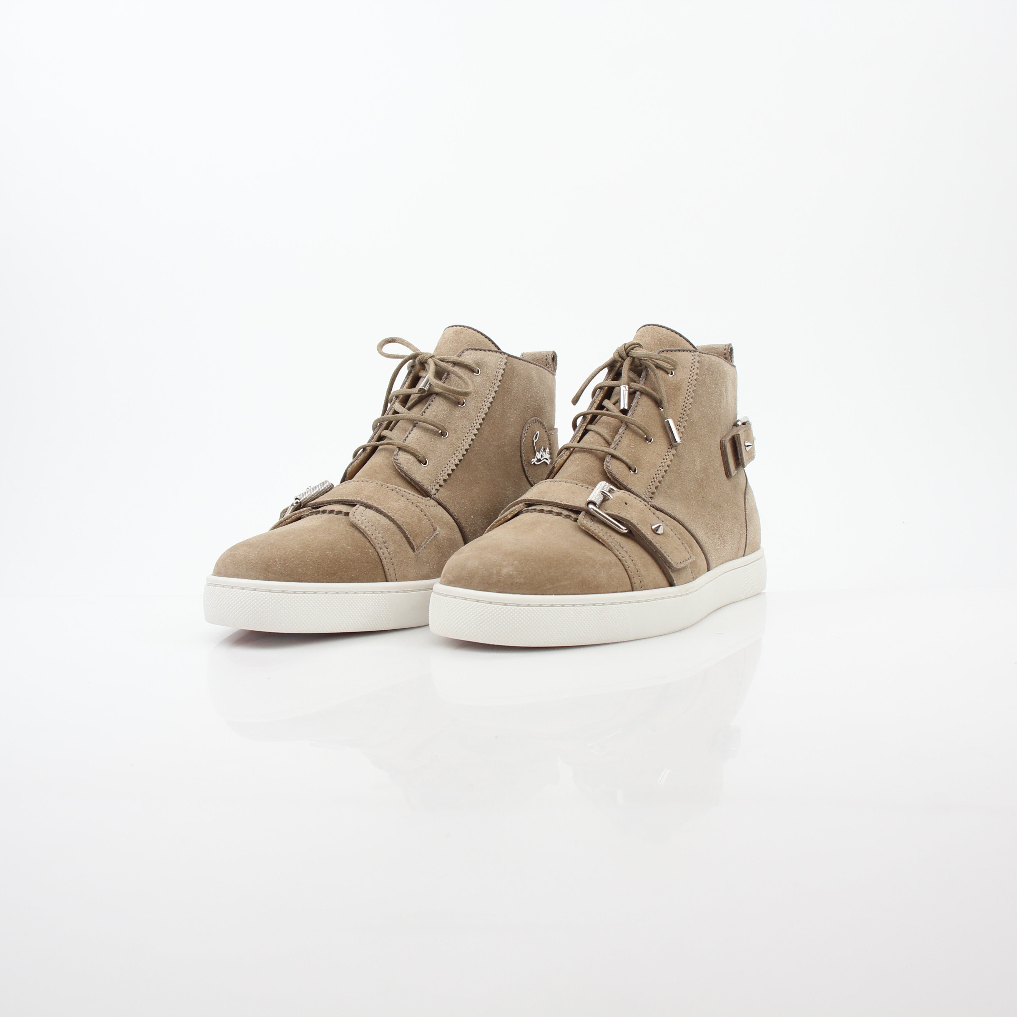Christian Louboutin Taupe Nono Strap Flat High-Top Sneakers with ankle straps and signature detailing, casual shoes for women.