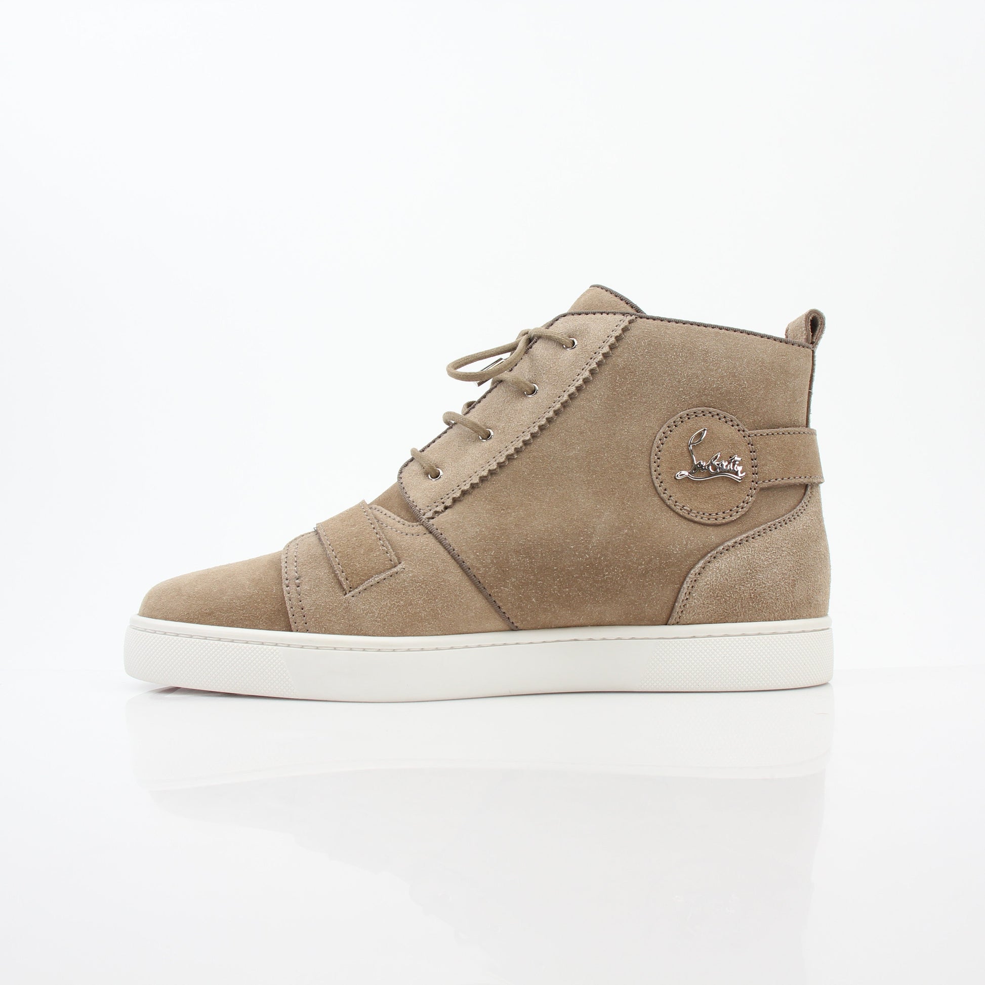 Christian Louboutin Taupe Nono Strap Flat High-Top Sneakers with buckle straps and signature red sole detail, stylish and comfortable shoes.