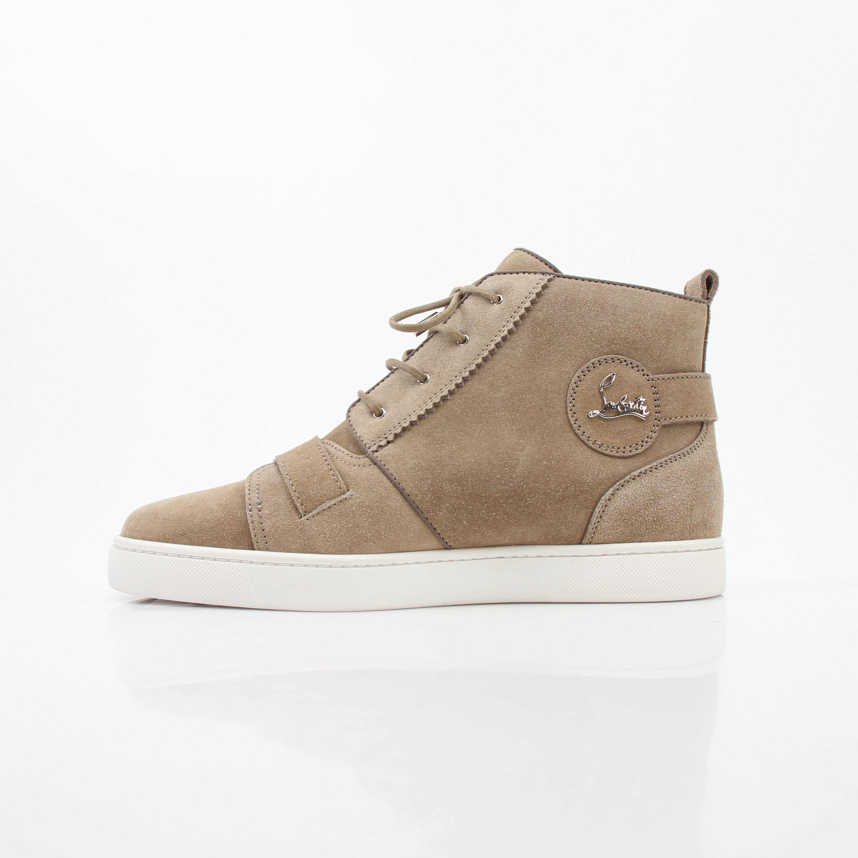 Christian Louboutin Taupe Nono Strap Flat High-Top Sneakers with buckle straps and signature red sole detail, stylish and comfortable shoes.