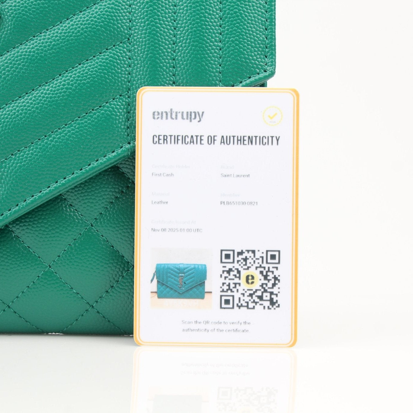 Gold & Beyond YSL green quilted leather handbag pouch with gold hardware and compact design.