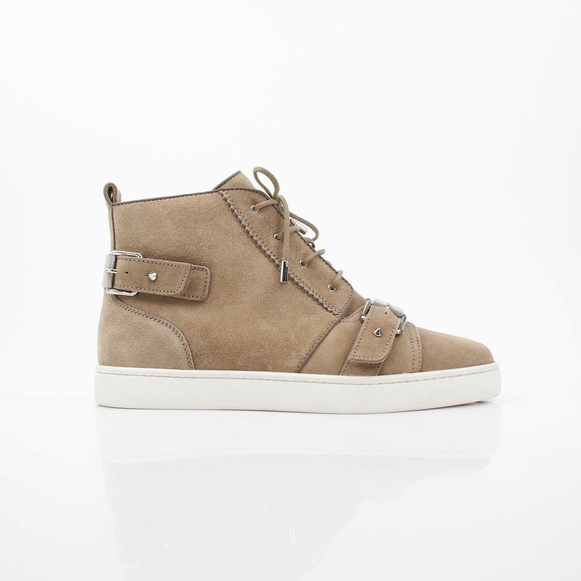 Taupe Christian Louboutin Nono strap flat high-top sneakers with gold accents, styled with laces and a sleek sneaker silhouette.
