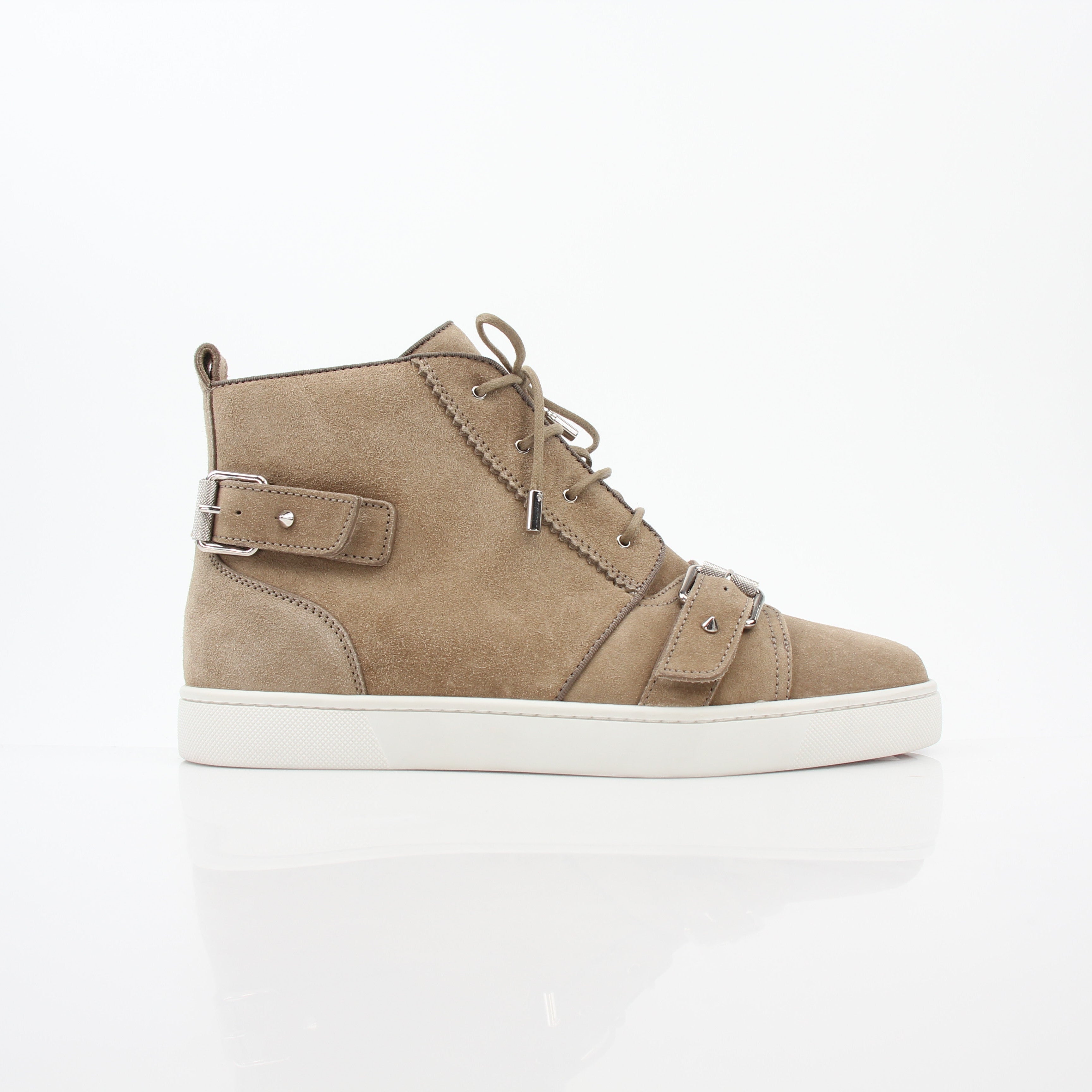 Taupe Christian Louboutin Nono strap flat high-top sneakers with gold accents, styled with laces and a sleek sneaker silhouette.