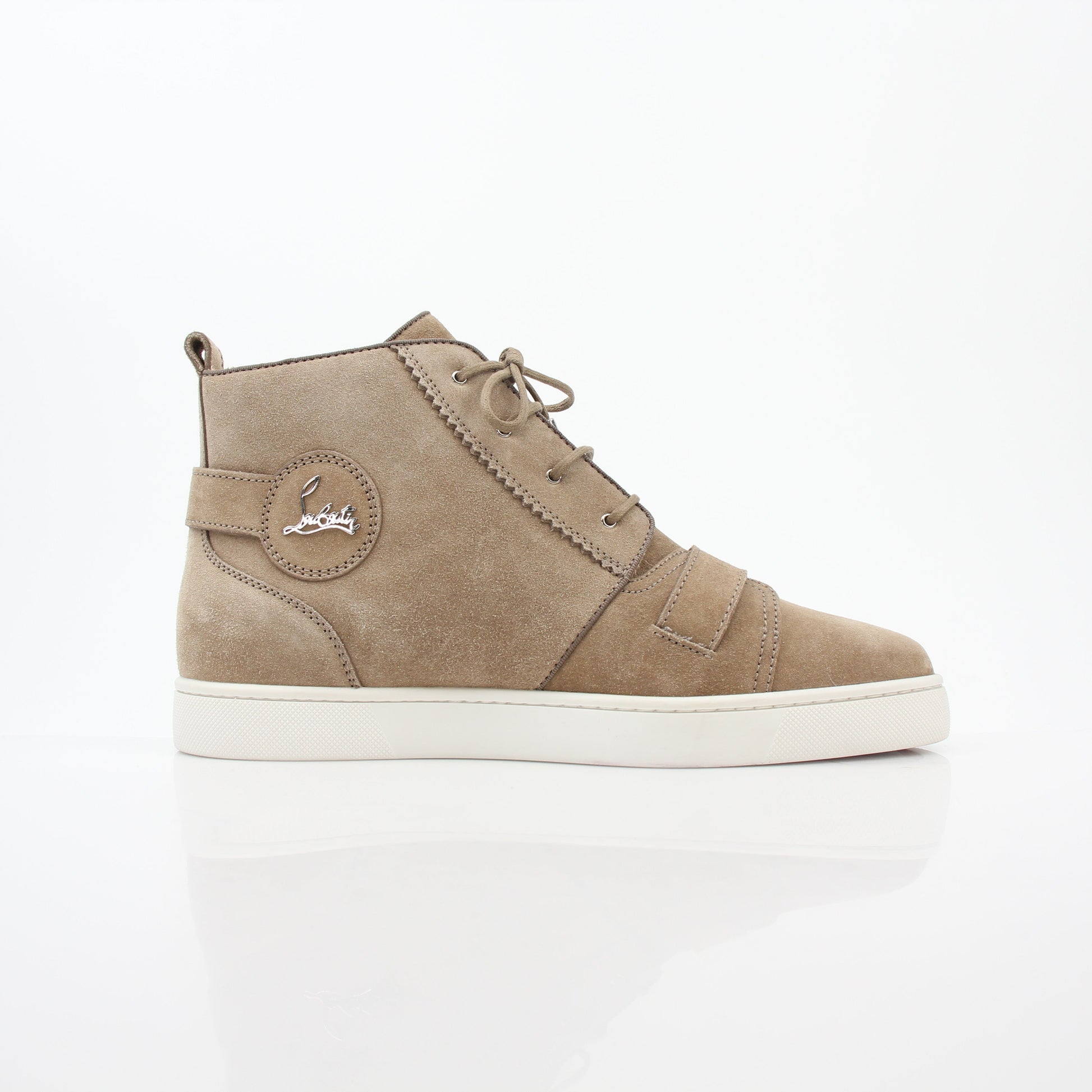 Christian Louboutin Taupe Nono Strap Flat High-Top Sneakers with laces and signature detailing, displayed on a plain background.