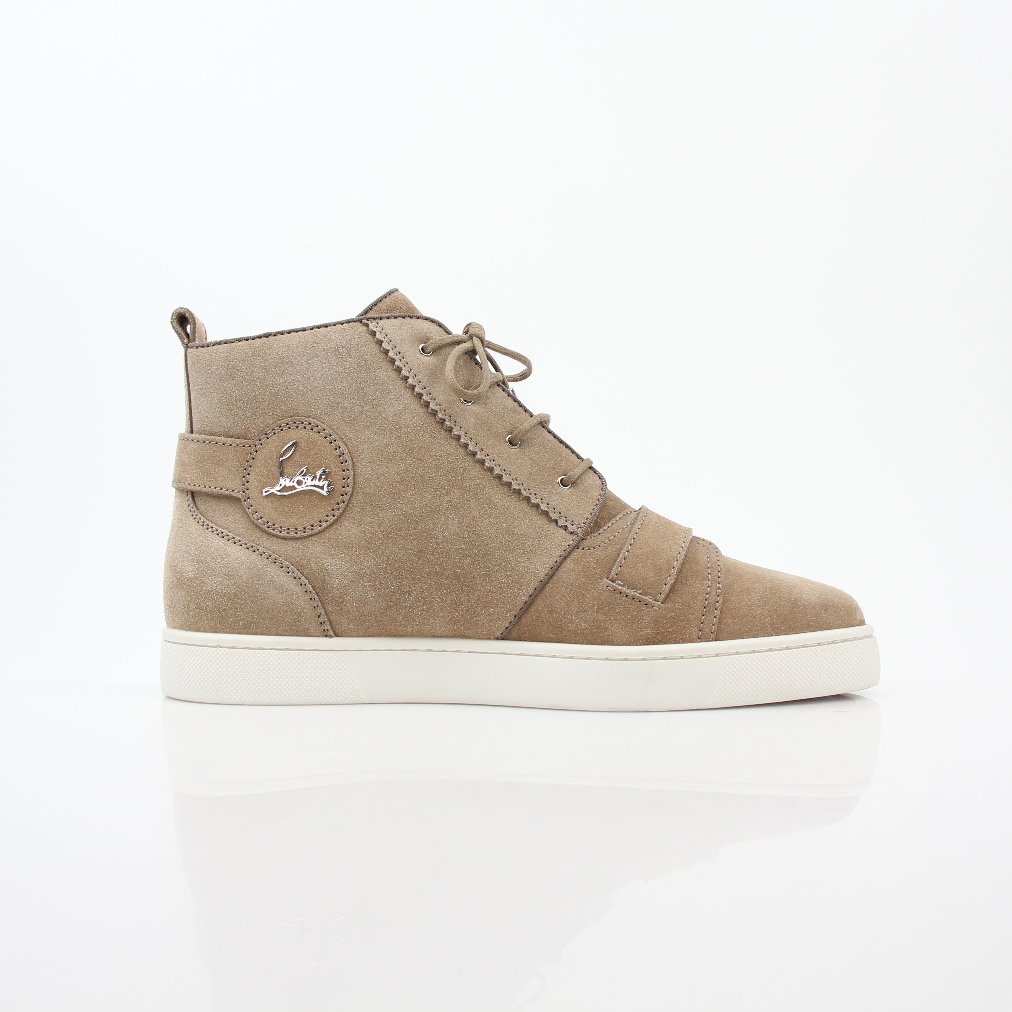 Christian Louboutin Taupe Nono Strap Flat High-Top Sneakers with laces and signature detailing, displayed on a plain background.
