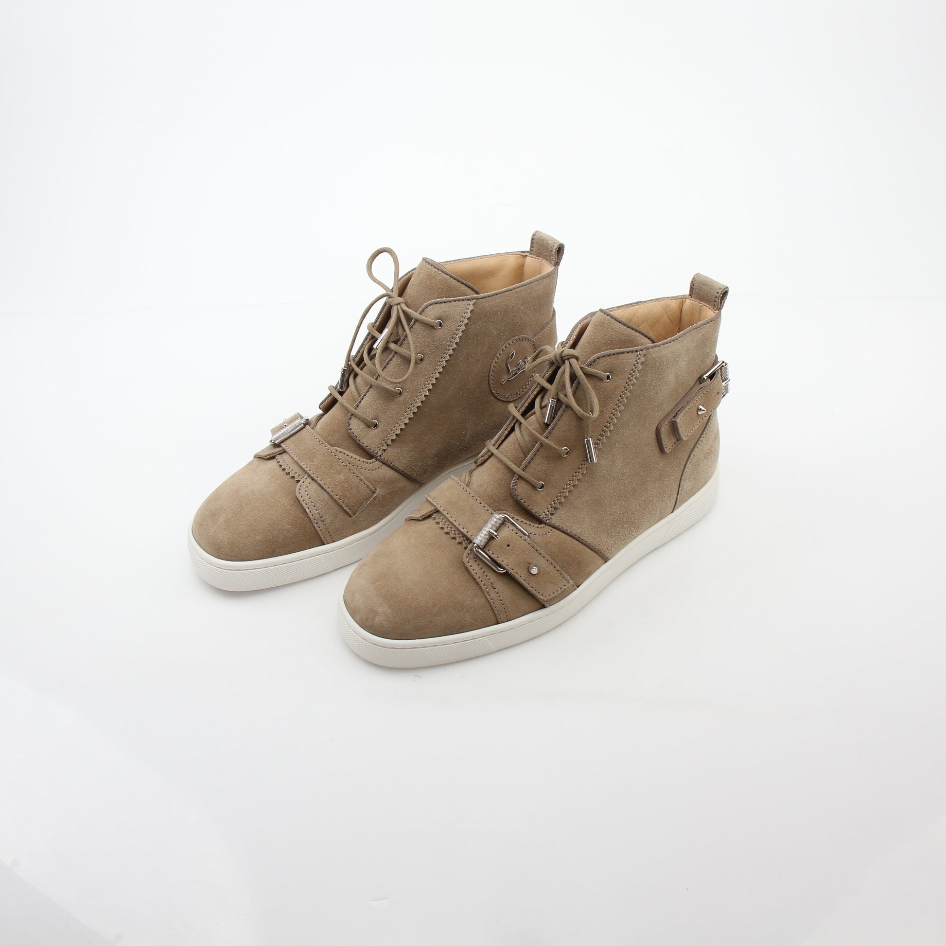 Christian Louboutin Taupe Nono Strap Flat High-Top Sneakers, stylish shoes with strap details and a sleek high-top design.